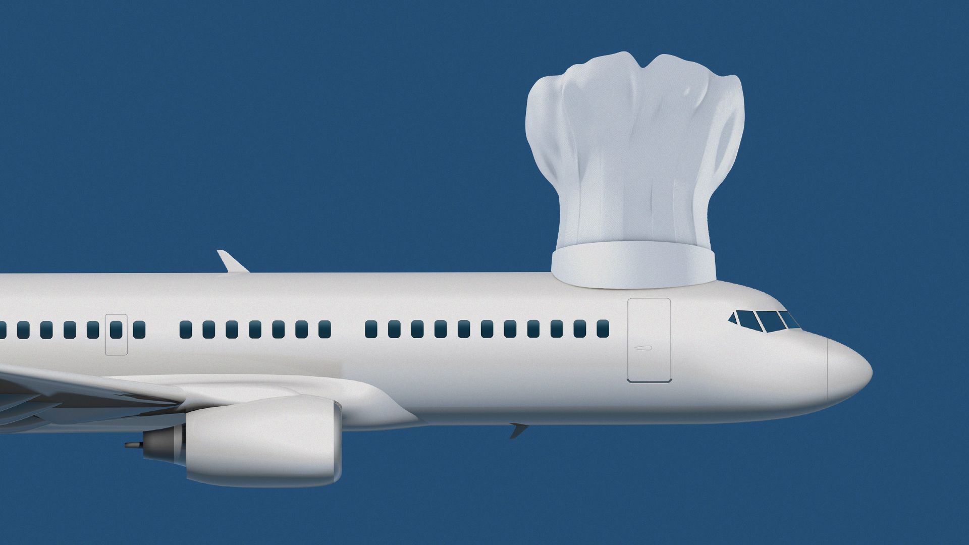 Illustration of white plane wearing a chef's hat at the head of the plane.