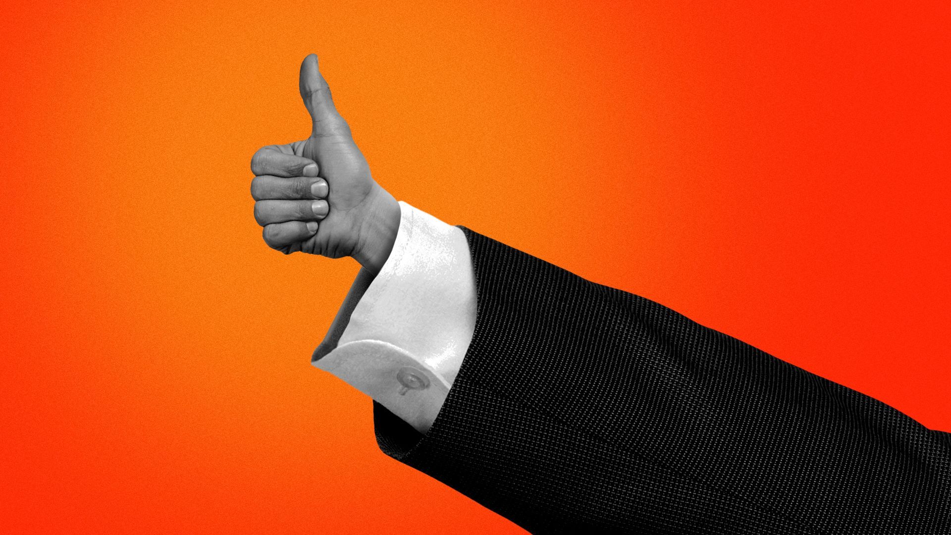 Illustration of a large suited arm with an extremely tiny hand emerging from the sleeve giving a small thumbs up. 