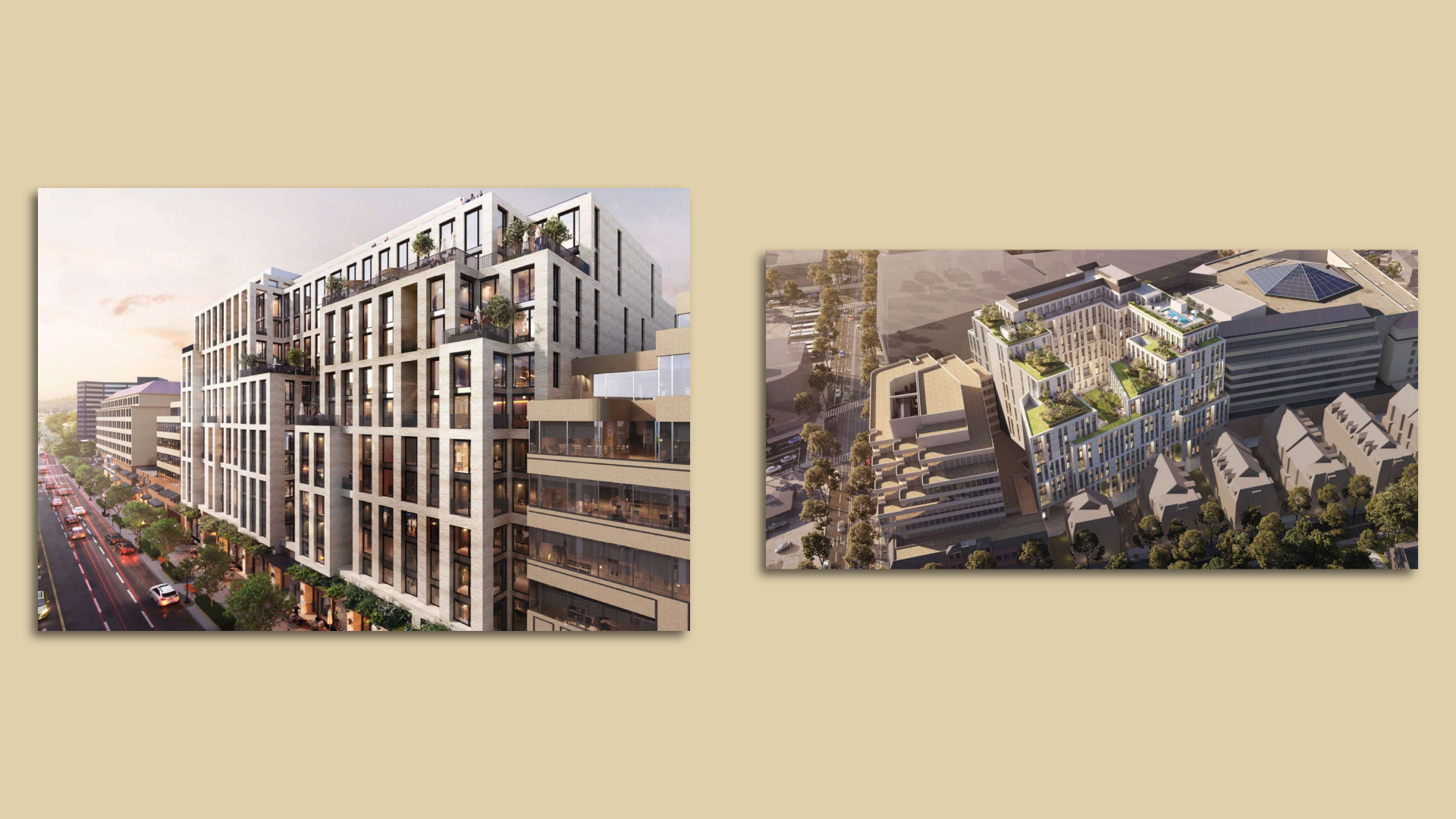 Two renderings of redeveloped site on Friendship Heights, showing front and rear of building