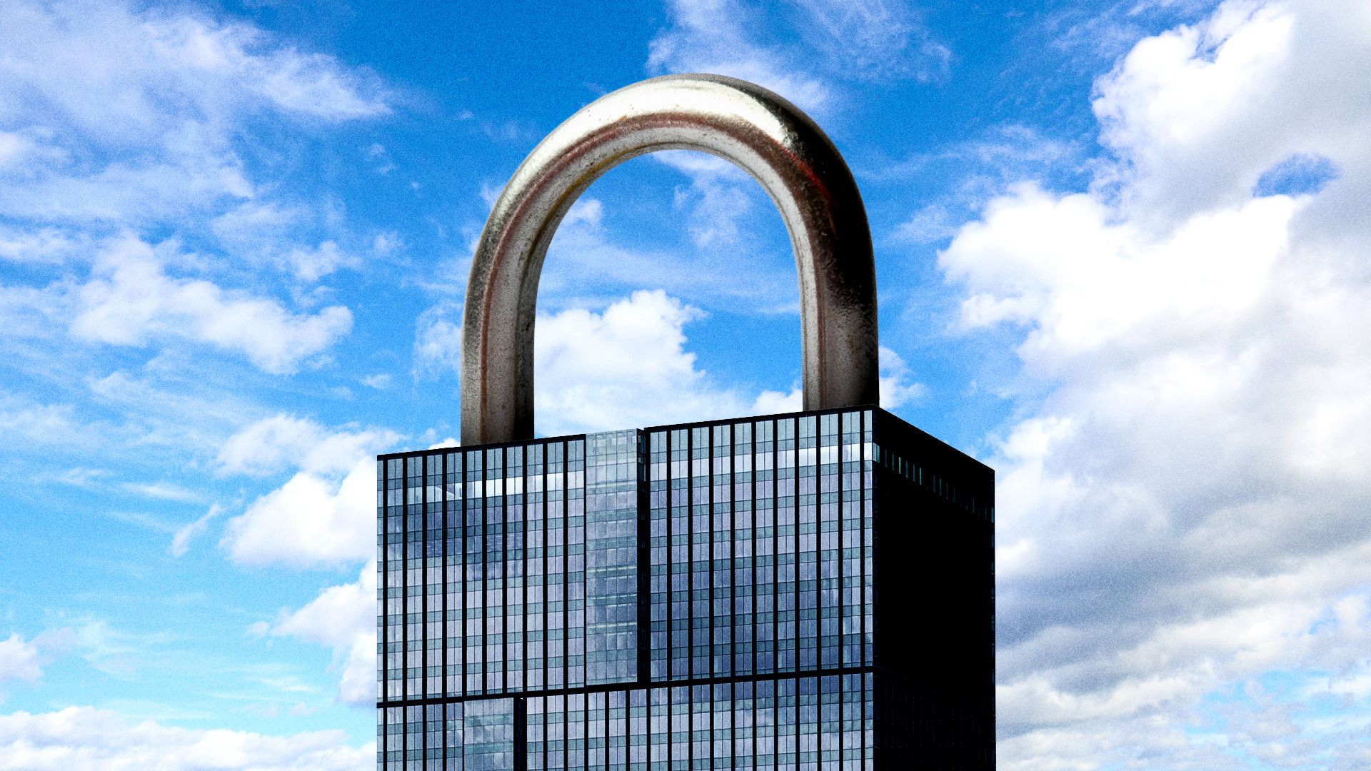 Illustration of a skyscraper with glass windows topped by a giant metallic padlock shackle under a partly cloudy blue sky.