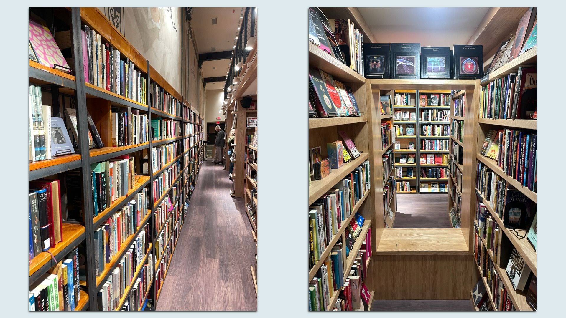 Two views of bookstore aisles with wooden shelves filled with books, one narrow aisle with people at the end and another aisle viewed through a wooden frame. Warm lighting and wood floors.