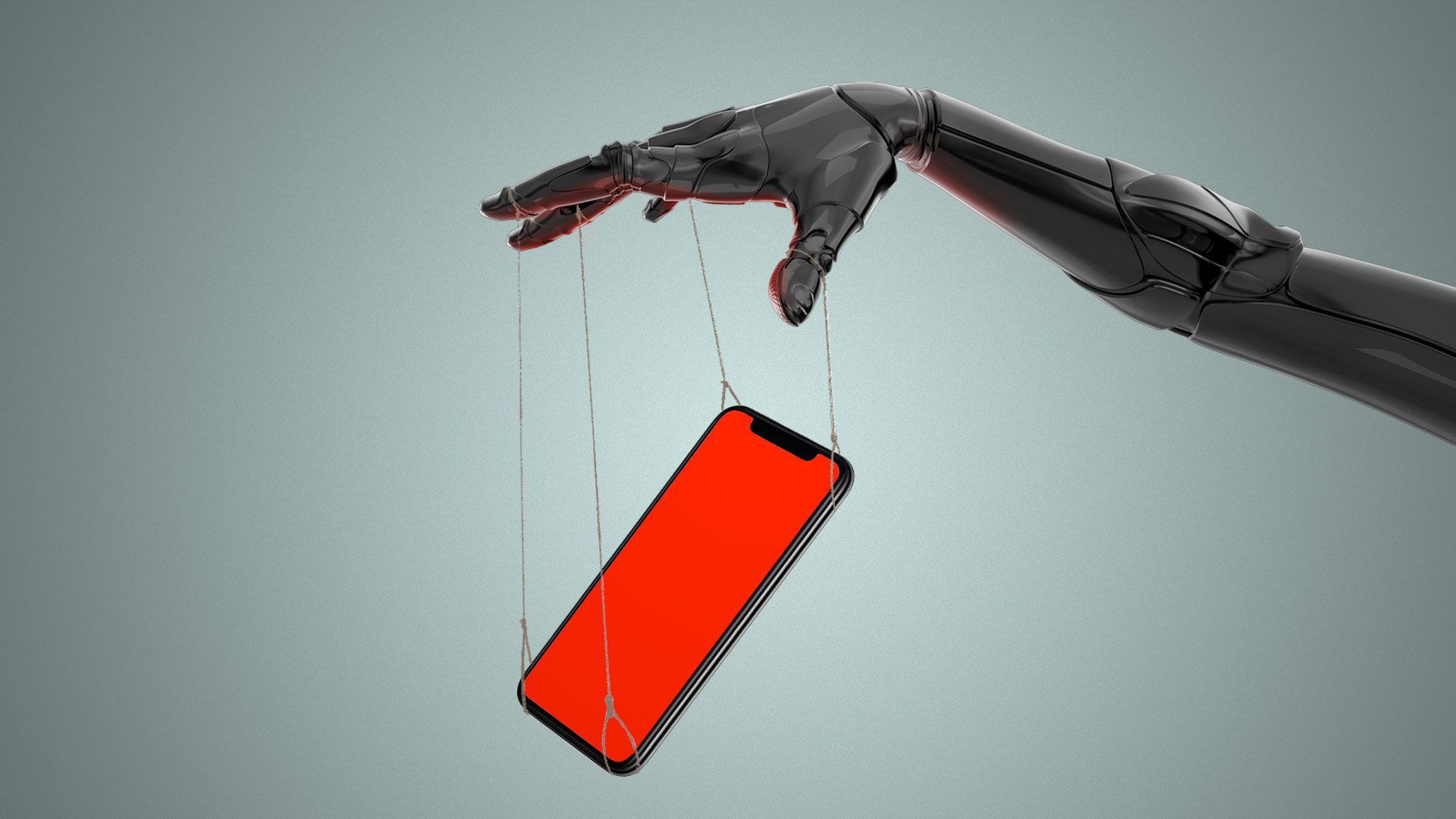 Illustration of a robot arm with the hand holding an iPhone on strings like a puppet.