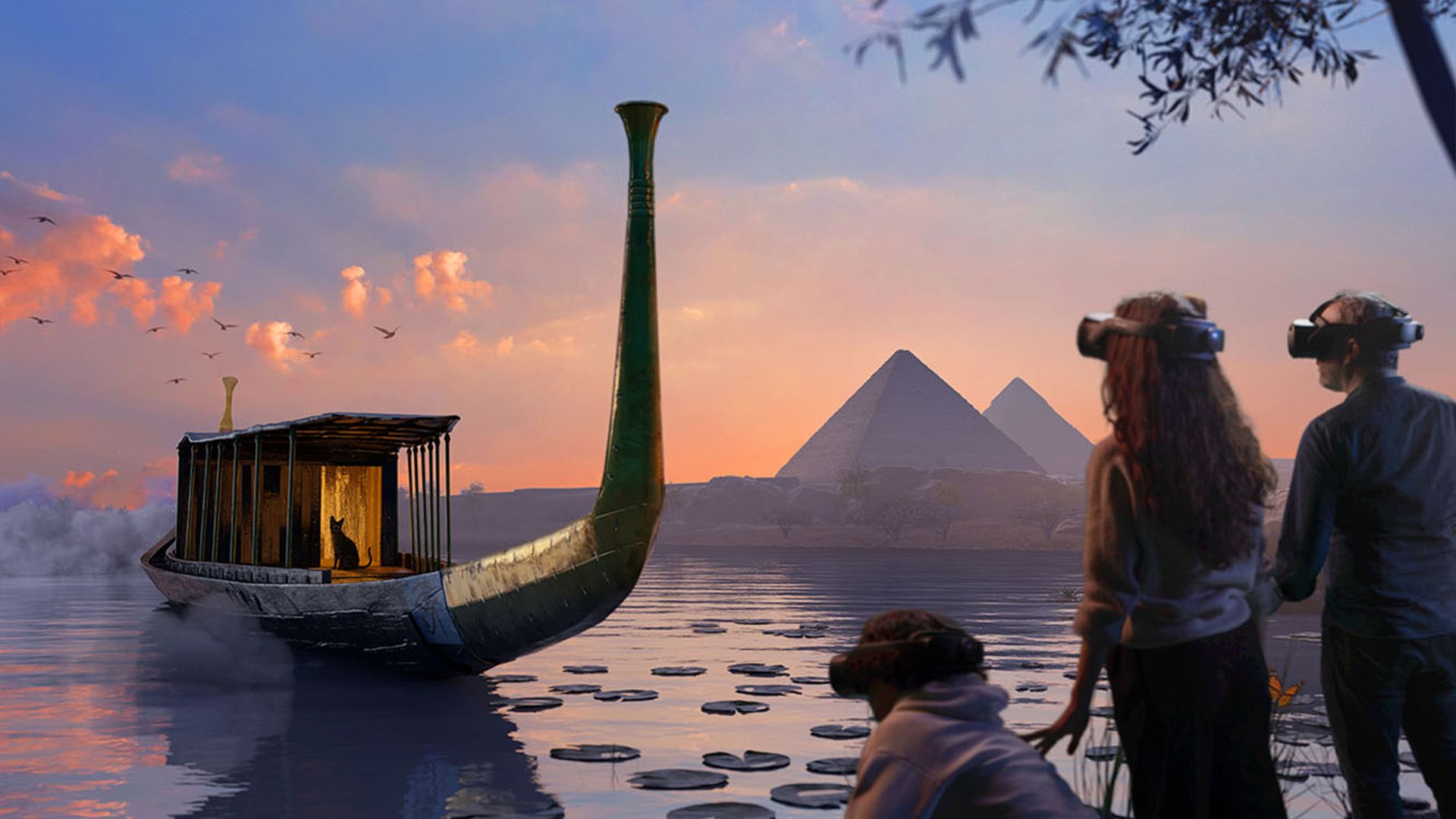 Surreal sunset over a calm lake: a long green curved horn-like boat with a thatched cabin and a cat inside; pyramids rise on the horizon as three people with VR headsets watch from the shore.