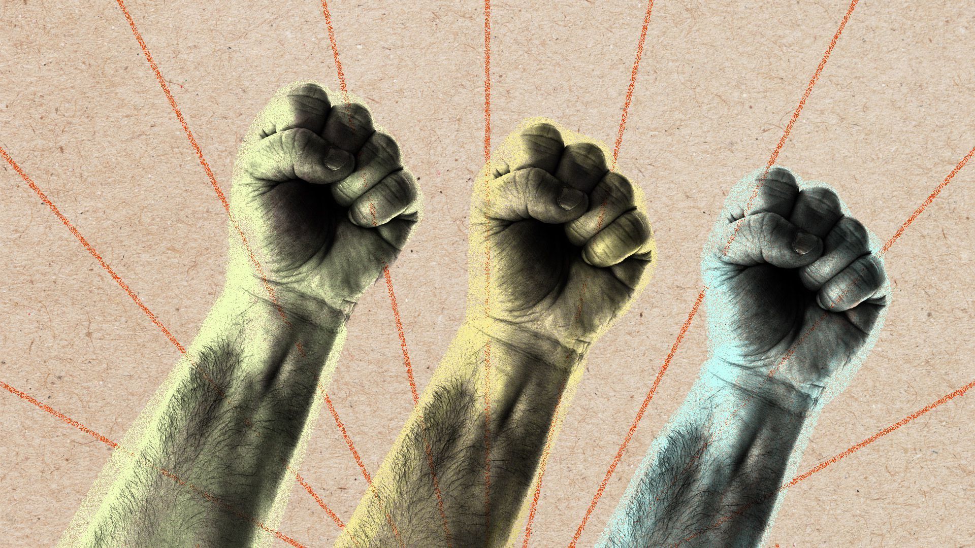 An illustration with three fists raised in the air