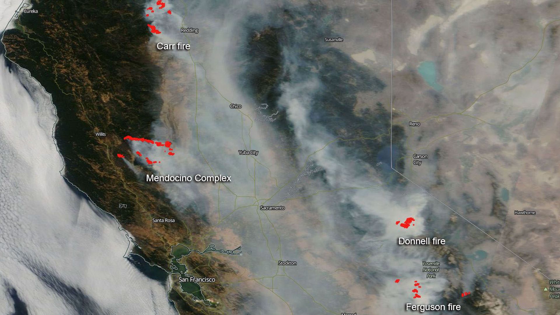 Satellite view showing smoke from California wildfires blanketing the state on Aug. 7, 2018.