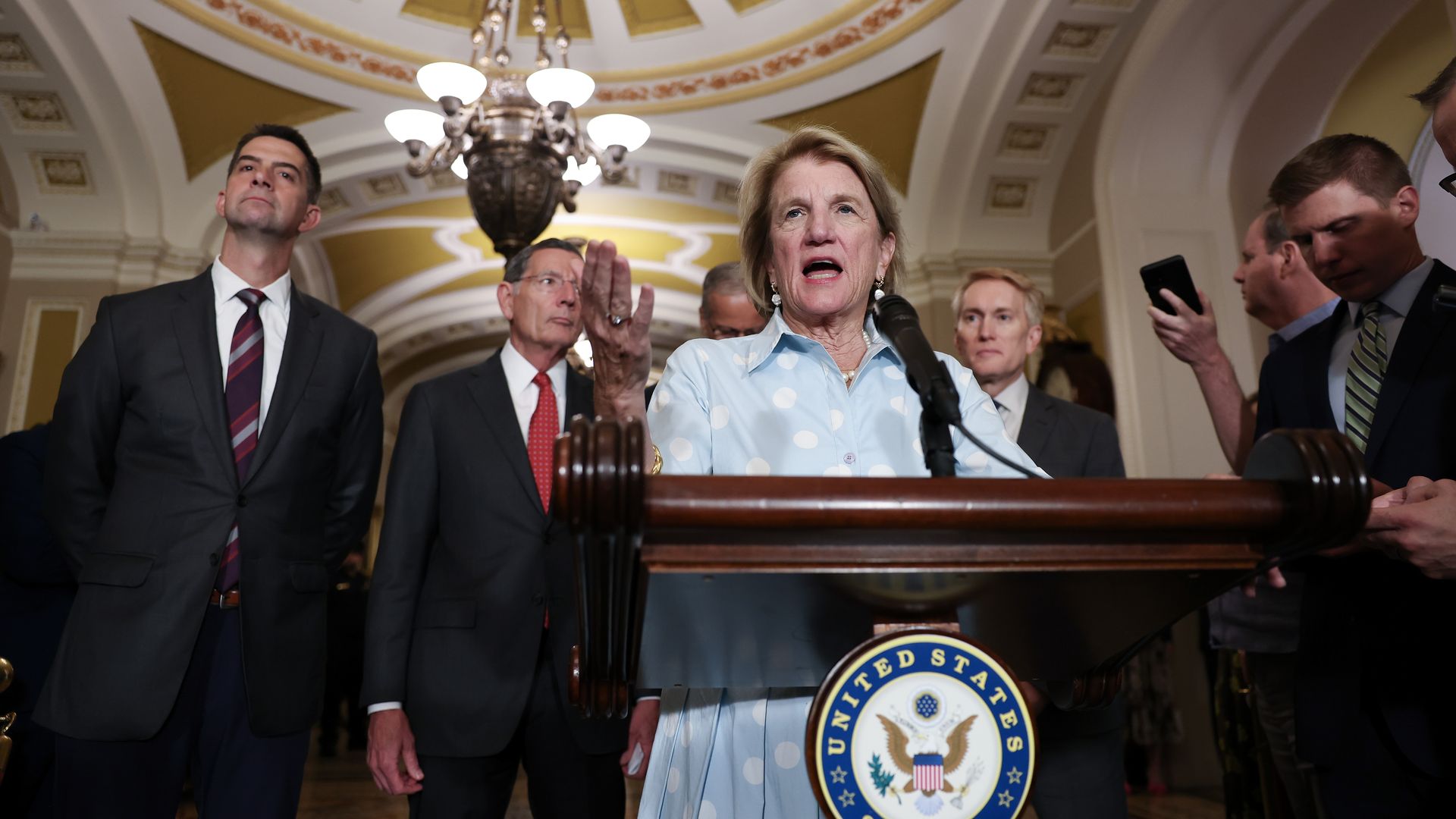  Sen. Shelley Moore Capito (R-WV) speaks to reporters during the weekly luncheons at Capitol Hill on June 24, 2025 in Washington, DC. 