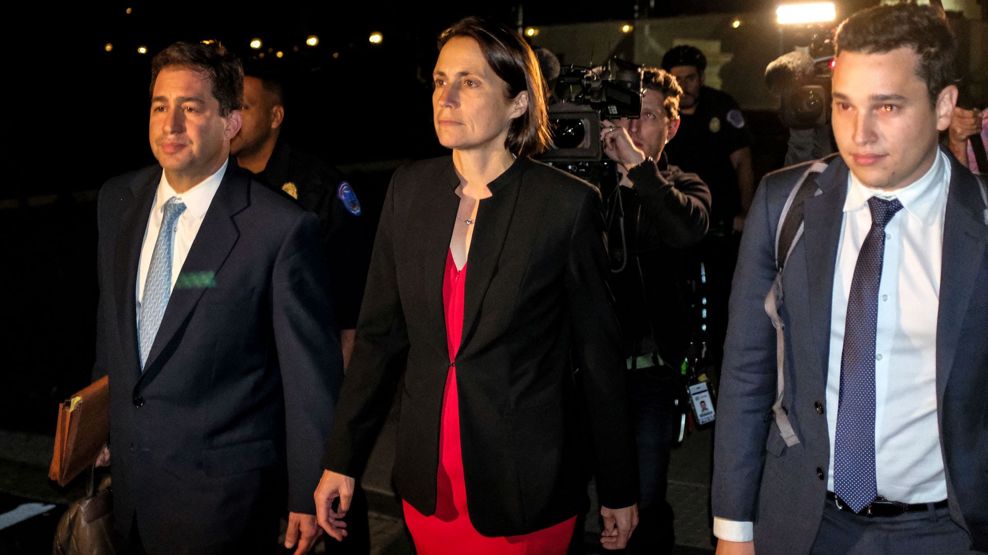 Fiona Hill (C), former Special Assistant to President Trump and Senior Director for European and Russian Affairs on the U.S. National Security Council, leaves Capitol Hill on October 14
