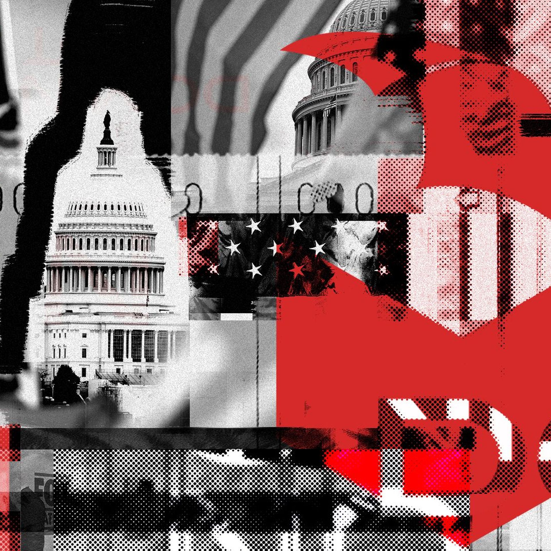 Photo illustration of the US Capitol, Fox News logos, US flags and Dominion Voting's logo.