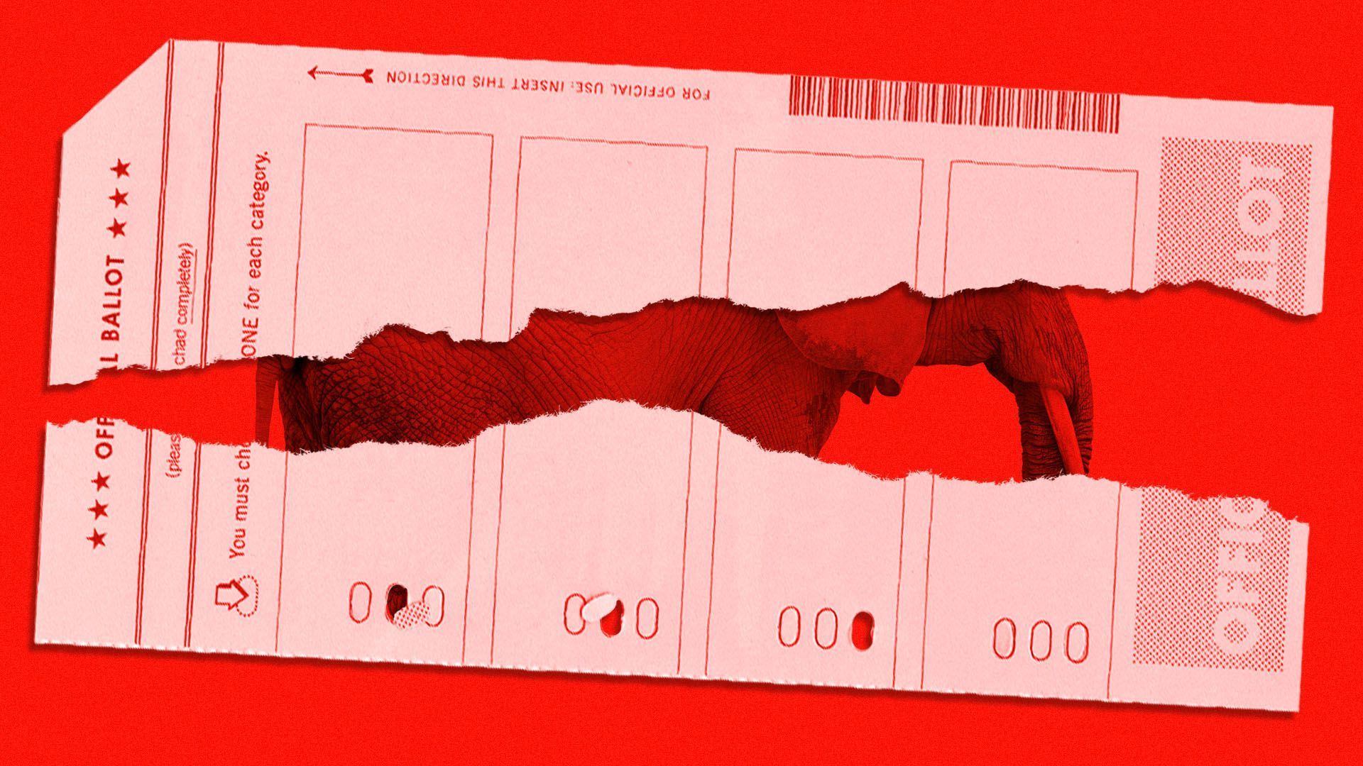 Illustration of a ballot split in half with an elephant in it.