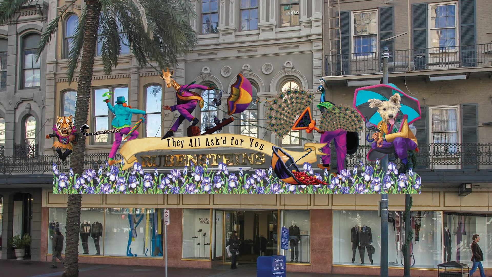 An artistic rendering showing second-lining figures dancing along a storefront.