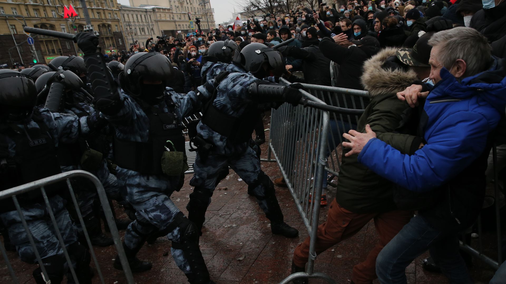 Russian policemen beat participants of an unauthorized protest rally against of jailing of opposition leader Alexei Navalny, on January 23, 2021 in Moscow, Russia.