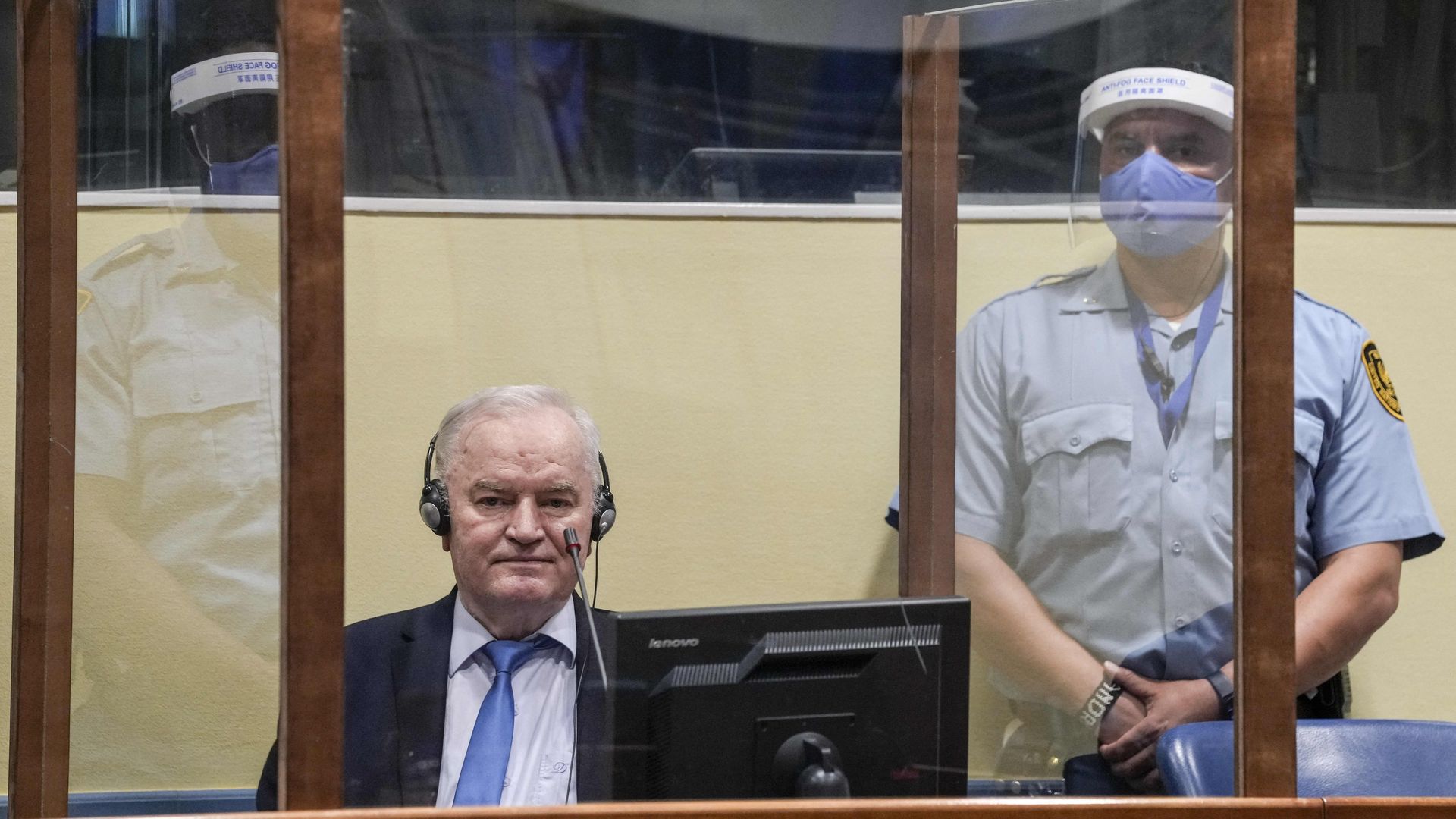 Ratko Mladic looks on from the defendant box prior to the hearing of the final verdict on appeal