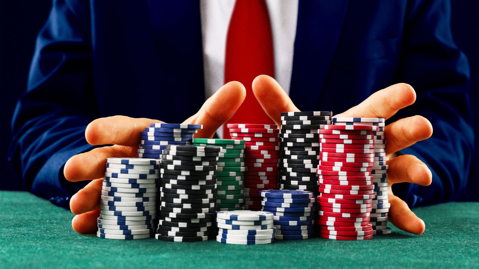 Illustration of a man resembling Donald Trump pushing all the poker chips in toward the center of the table. 