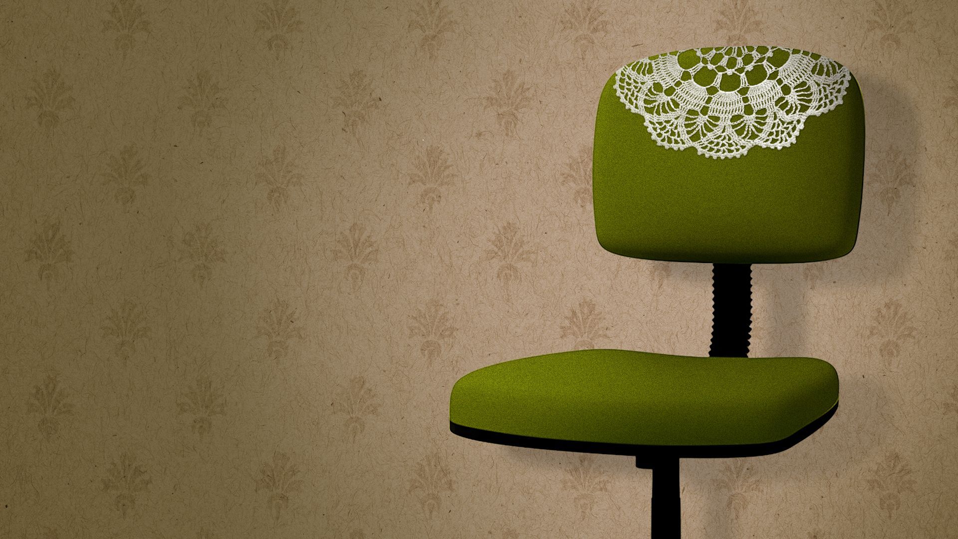 Illustration of an office chair with a doily on top, sitting on front of vintage wallpaper.