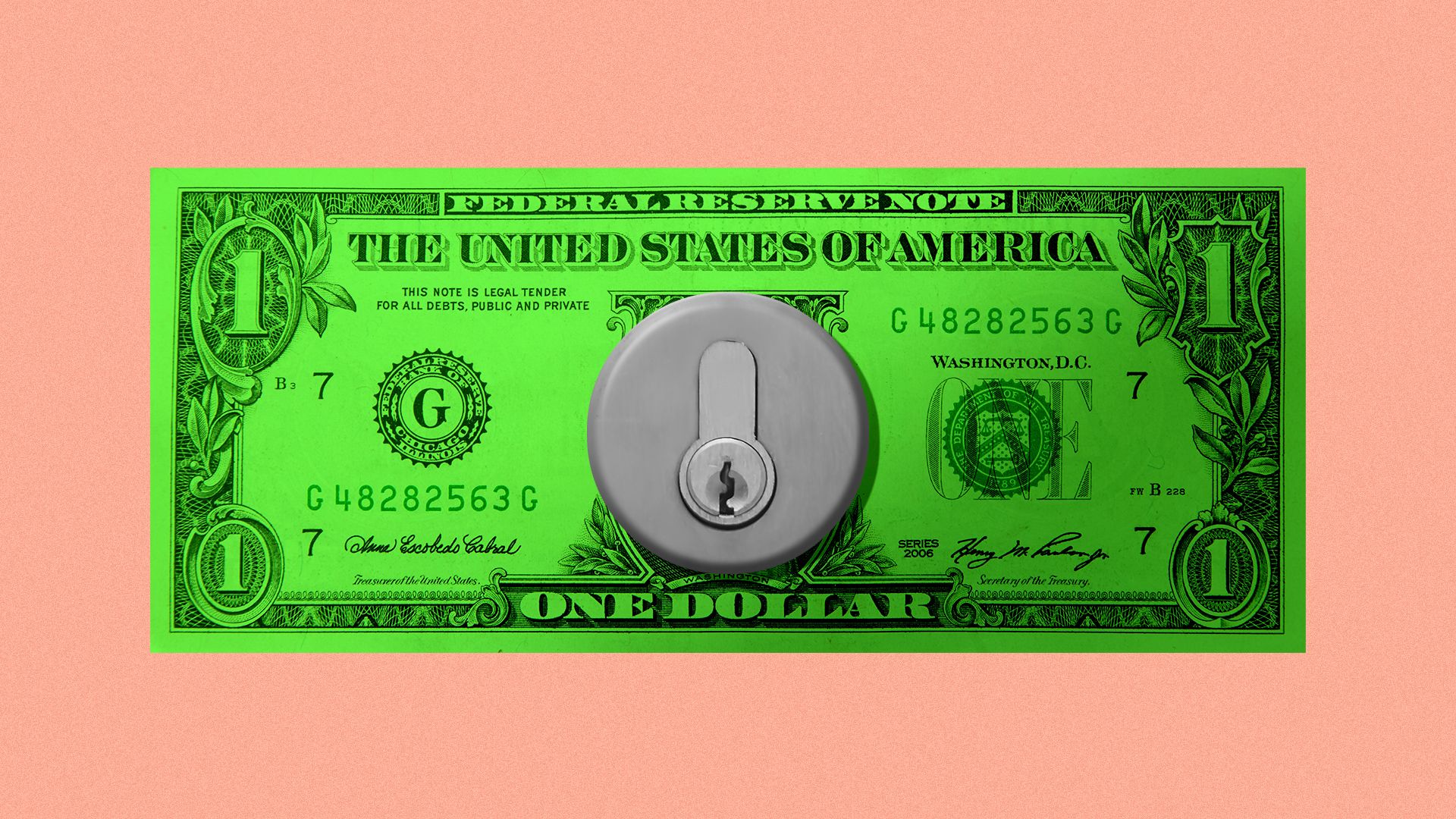 Illustration of a one dollar bill with a bolt key lock on it.