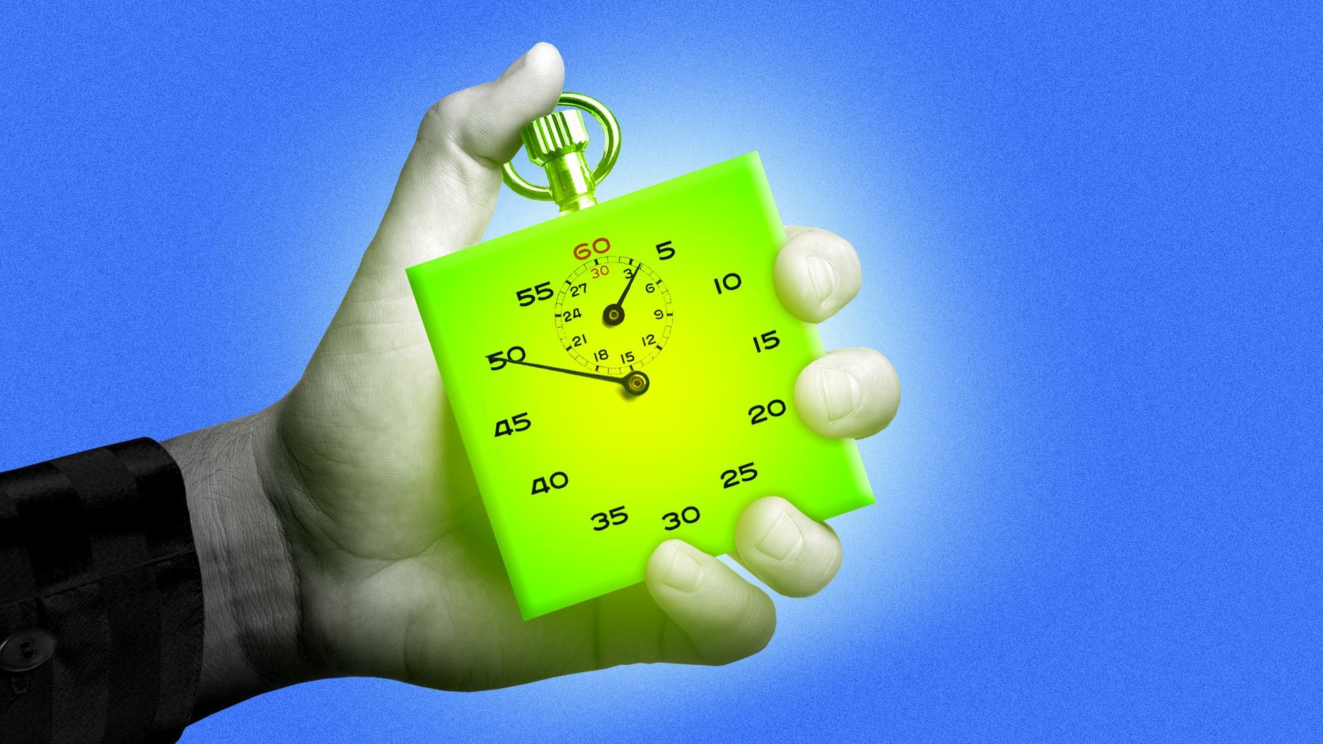 Illustration of a hand holding a glowing green cube-shaped stopwatch
