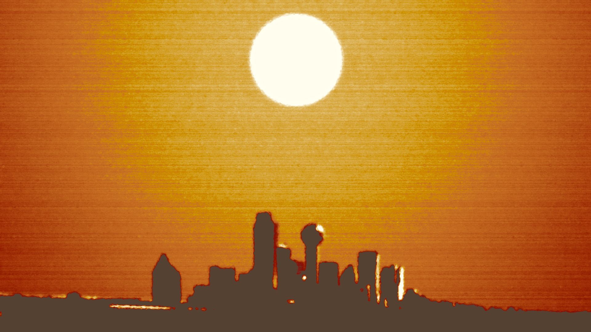 Illustration of the Dallas skyline under a hot sun.