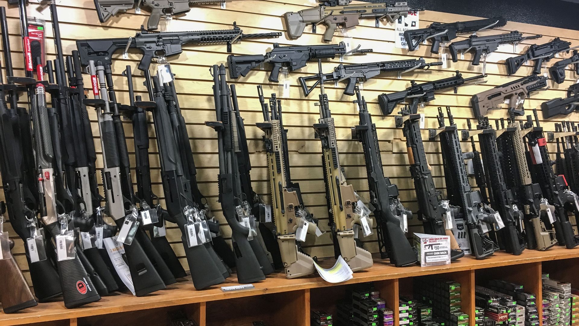 Semi-automatic rifles are seen for sale in a gun shop in Las Vegas, Nevada. 