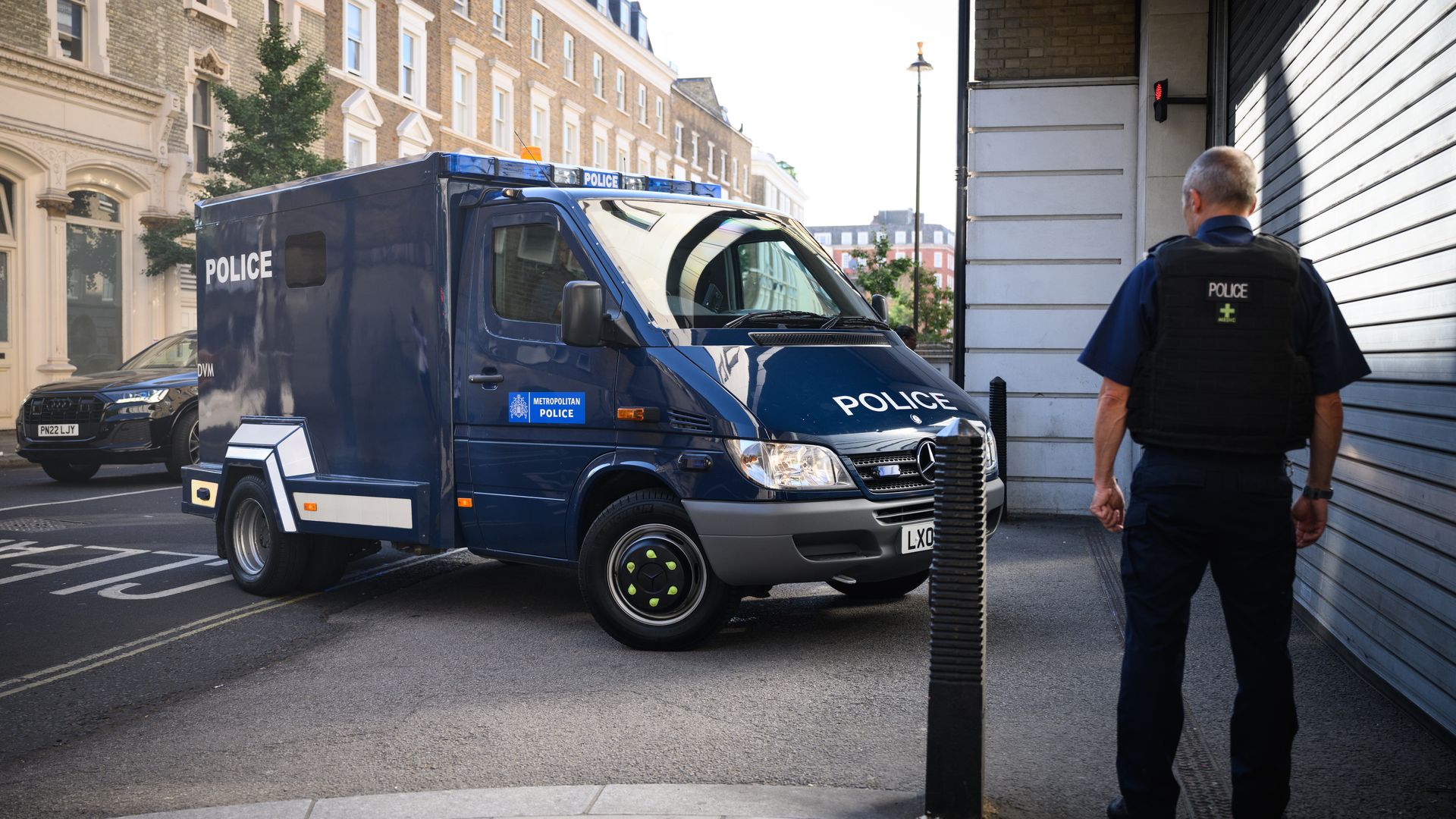 An armoured police van, believed to be carrying Aine Davis, arrives at The City of Westminster Magistrates Court on August 11, 2022 in London,