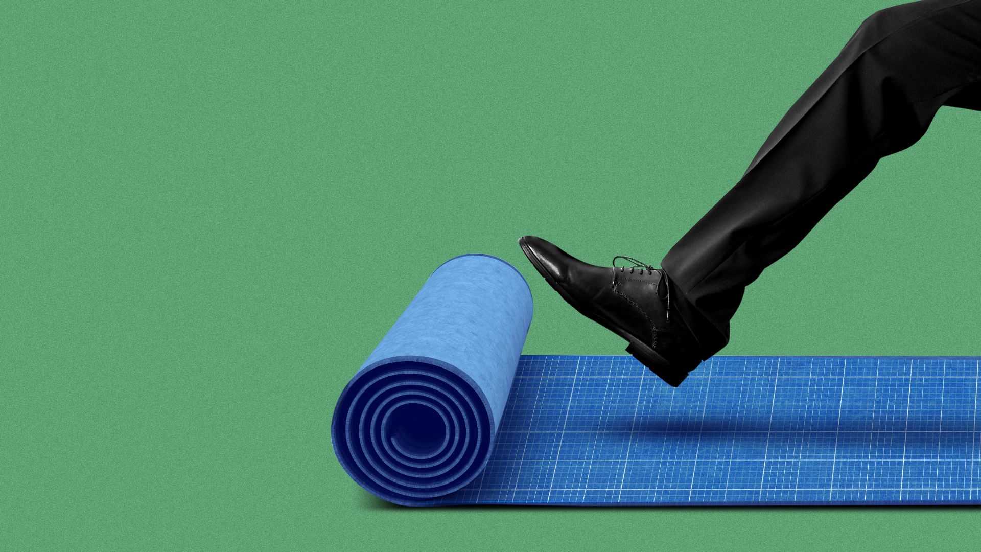 Illustration of a leg kicking out a roll of blueprint paper as if it were a red carpet. 