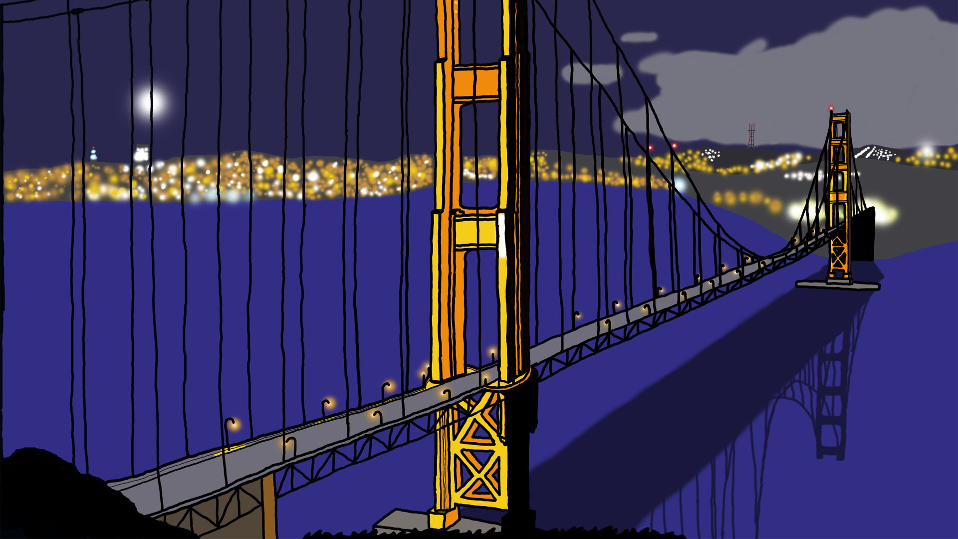 Digital artwork showing the Golden Gate Bridge lit up at night and a bright cityscape
