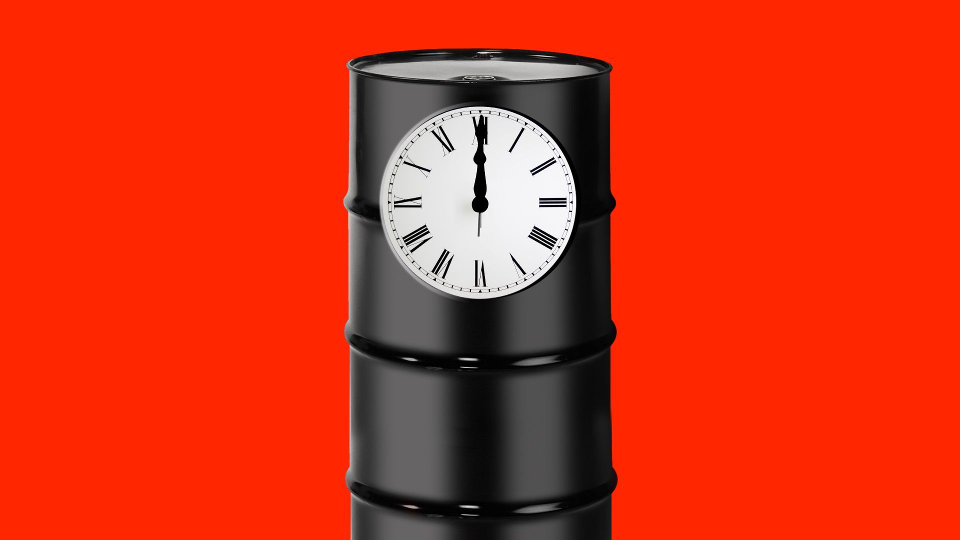 Illustration of an oil barrel as a clock tower showing high noon.   