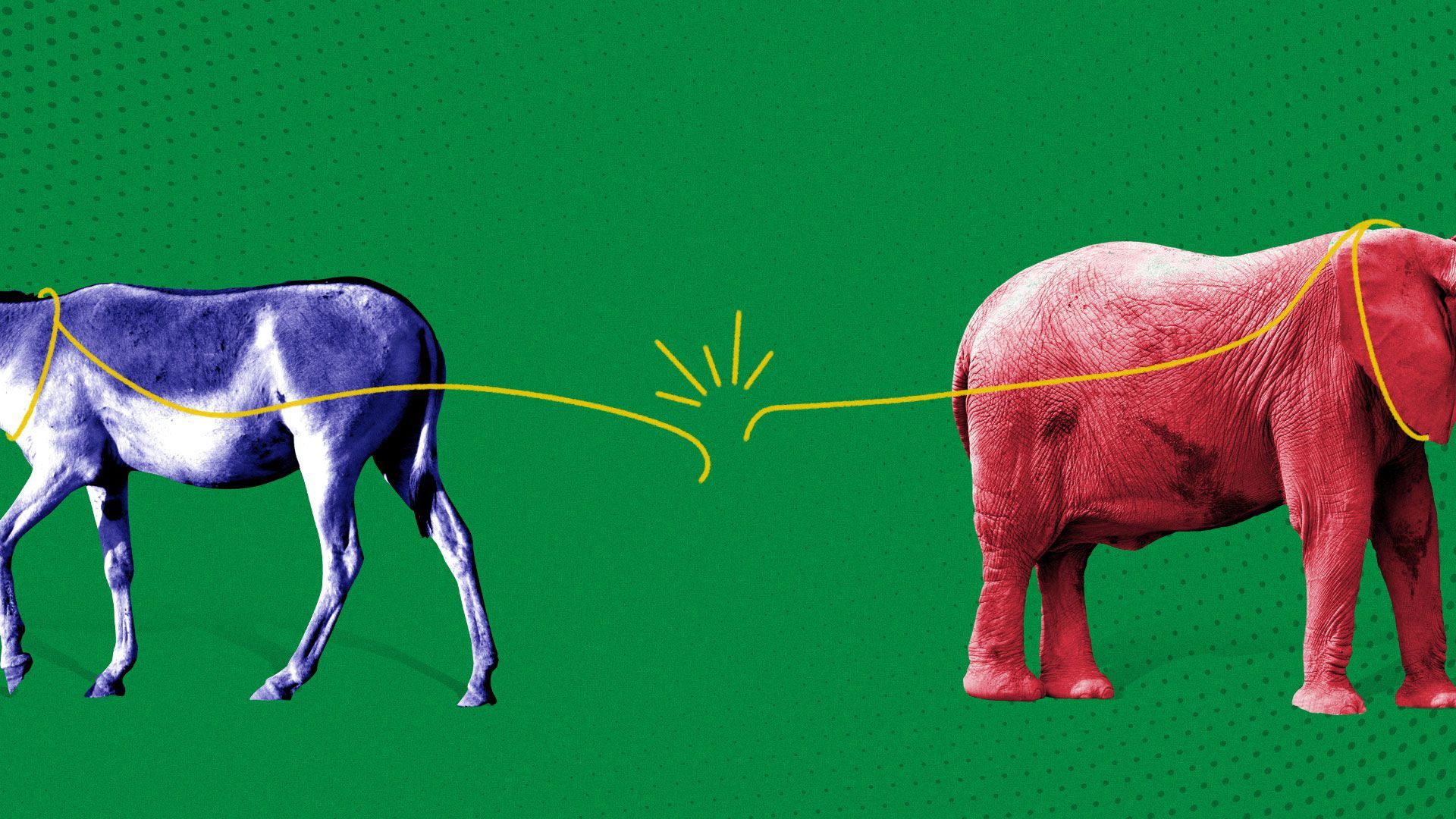 Illustration of a donkey and elephant walking away from one another and breaking the tethered line