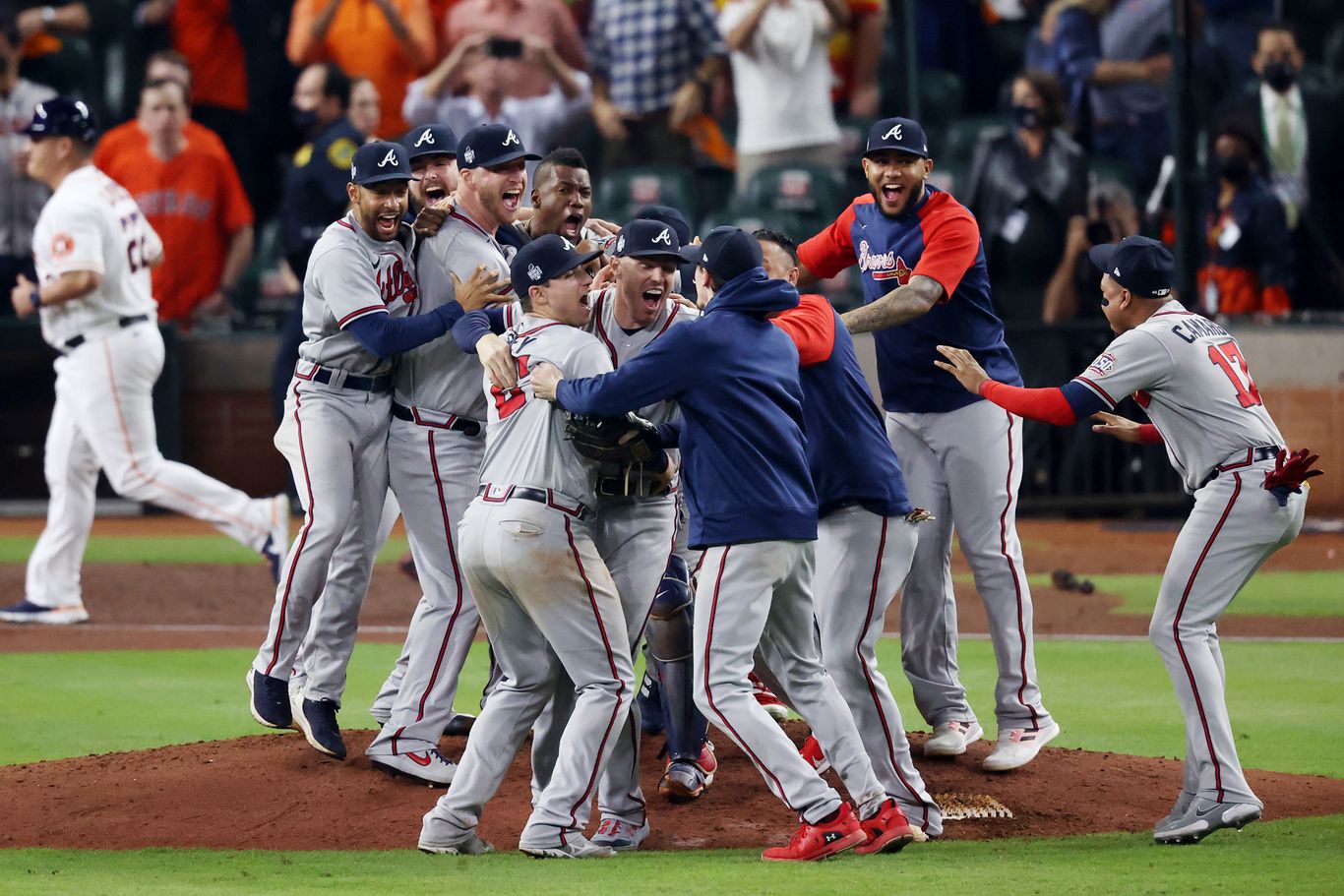 USA. 03rd Nov, 2021. Atlanta Braves players celebrate after a 7-0 win  against the Houston Astros to close out the World Series in Game 6 at  Minute Maid Park on Tuesday, Nov.
