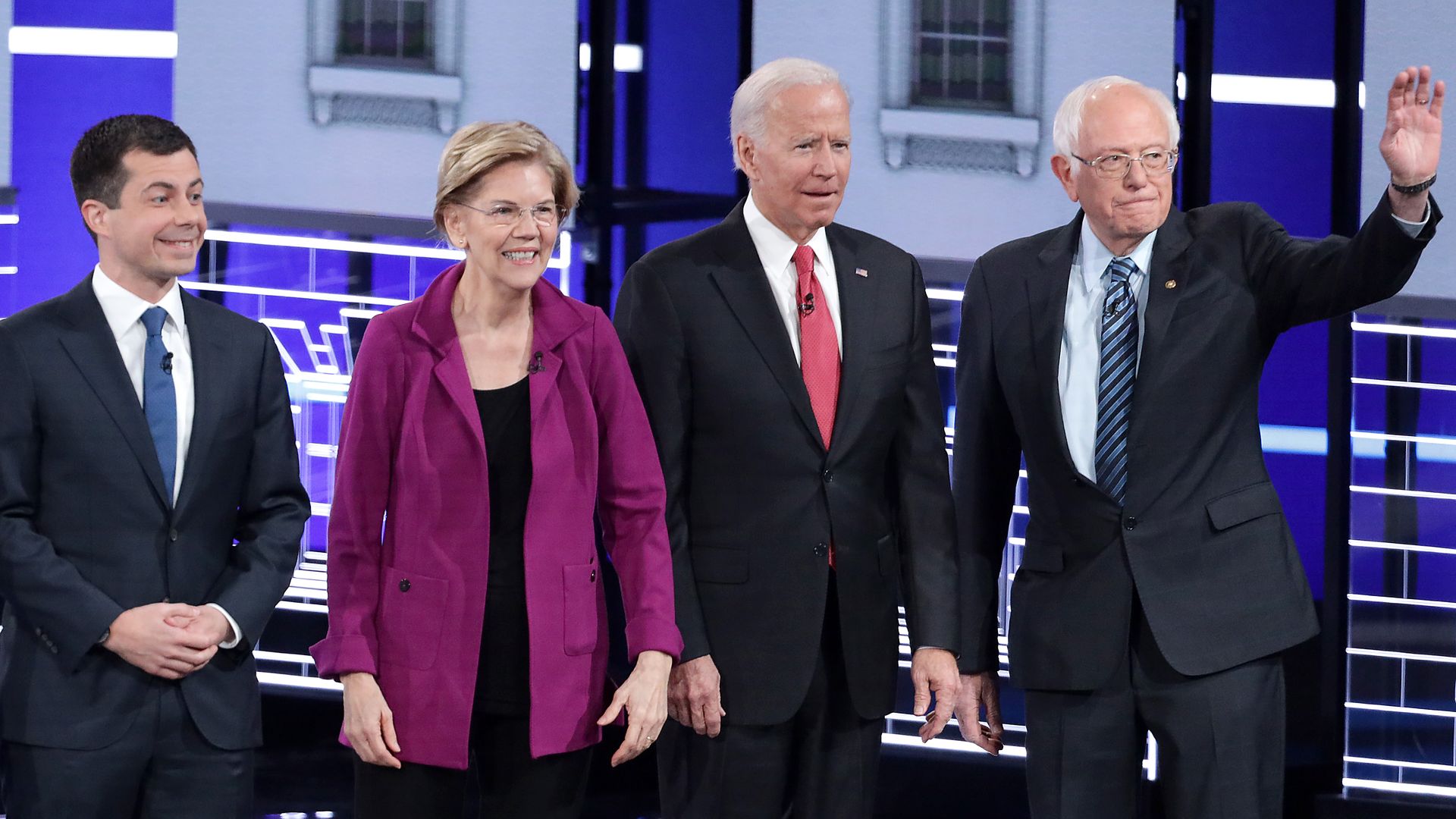 South Bend Mayor Pete Buttigieg, Sen. Elizabeth Warren, former Vice President Joe Biden, and Sen. Bernie Sanders greet the audience ahead of the Democratic Presidential Debate 