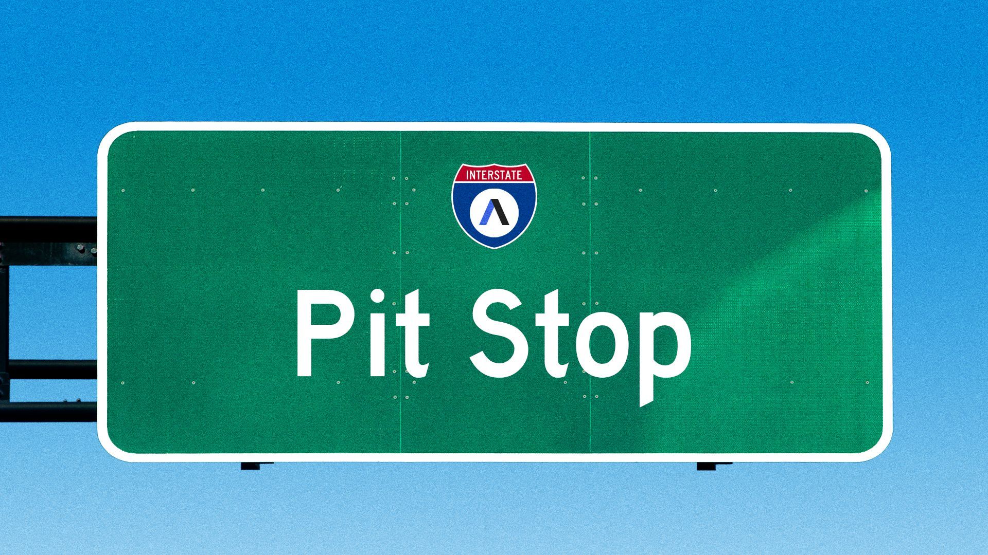 Illustration of a highway sign with the Axios logo that says "Pit Stop."