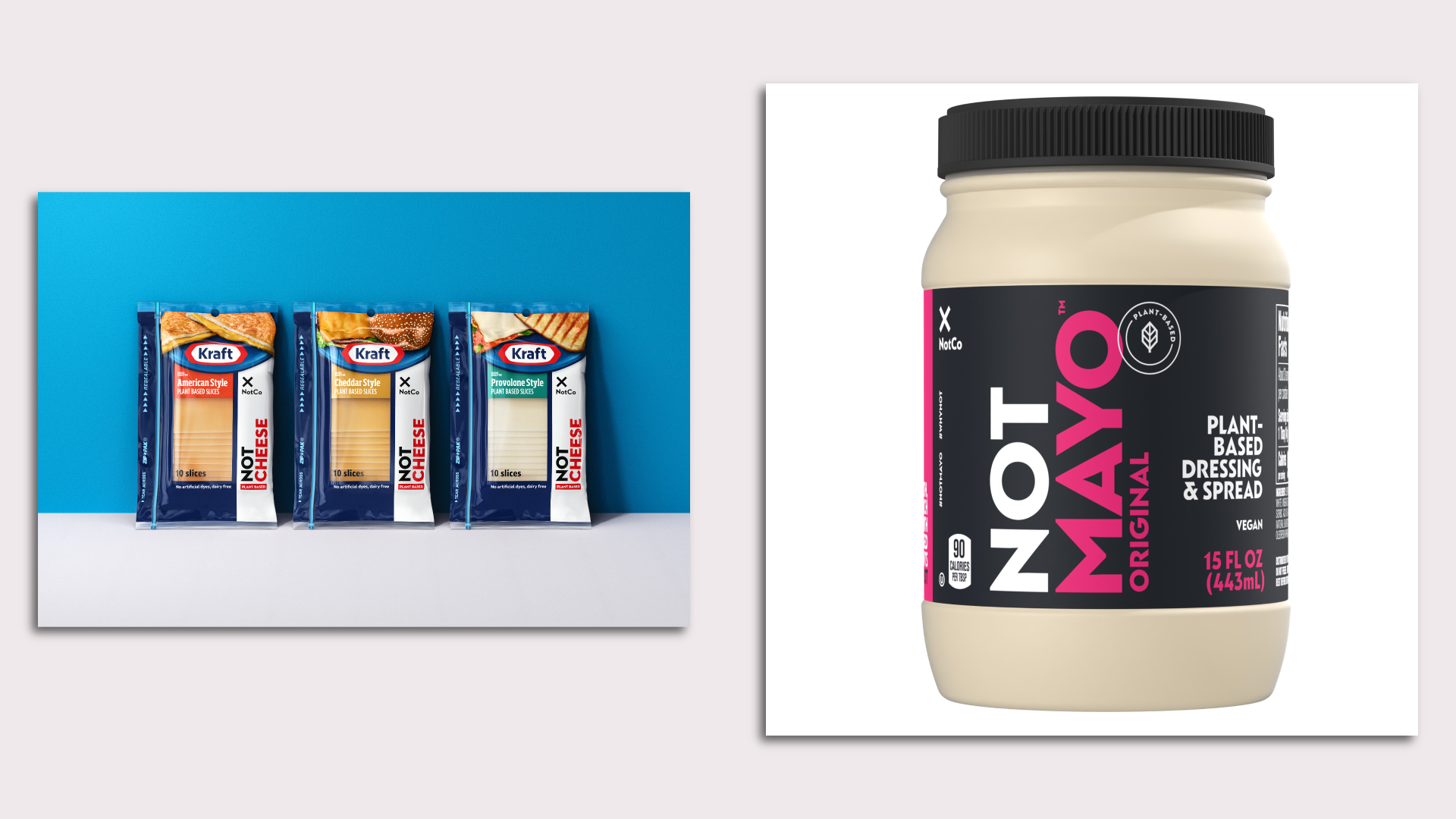 At left, three package of plant-based "Not Cheese" slices made by Kraft; at right, a jar of Kraft "Not Mayo."