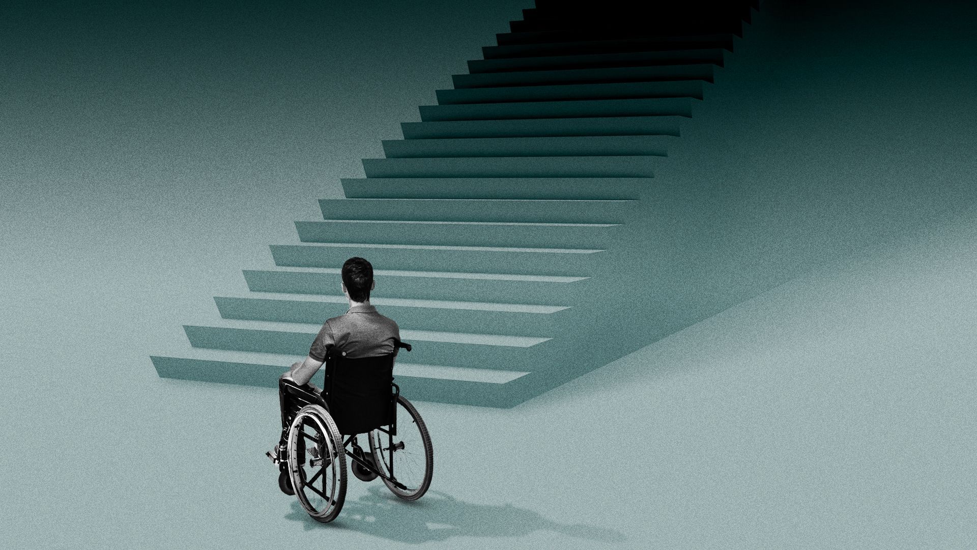 Illustration of a wheelchair-user at the bottom of very tall stairs. 