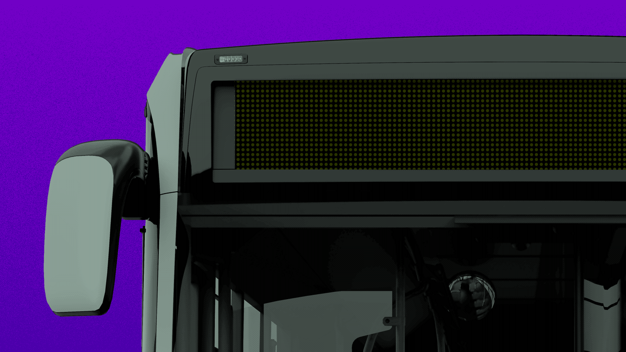 Illustration of a bus with a pixelated turtle walking across its destination sign.