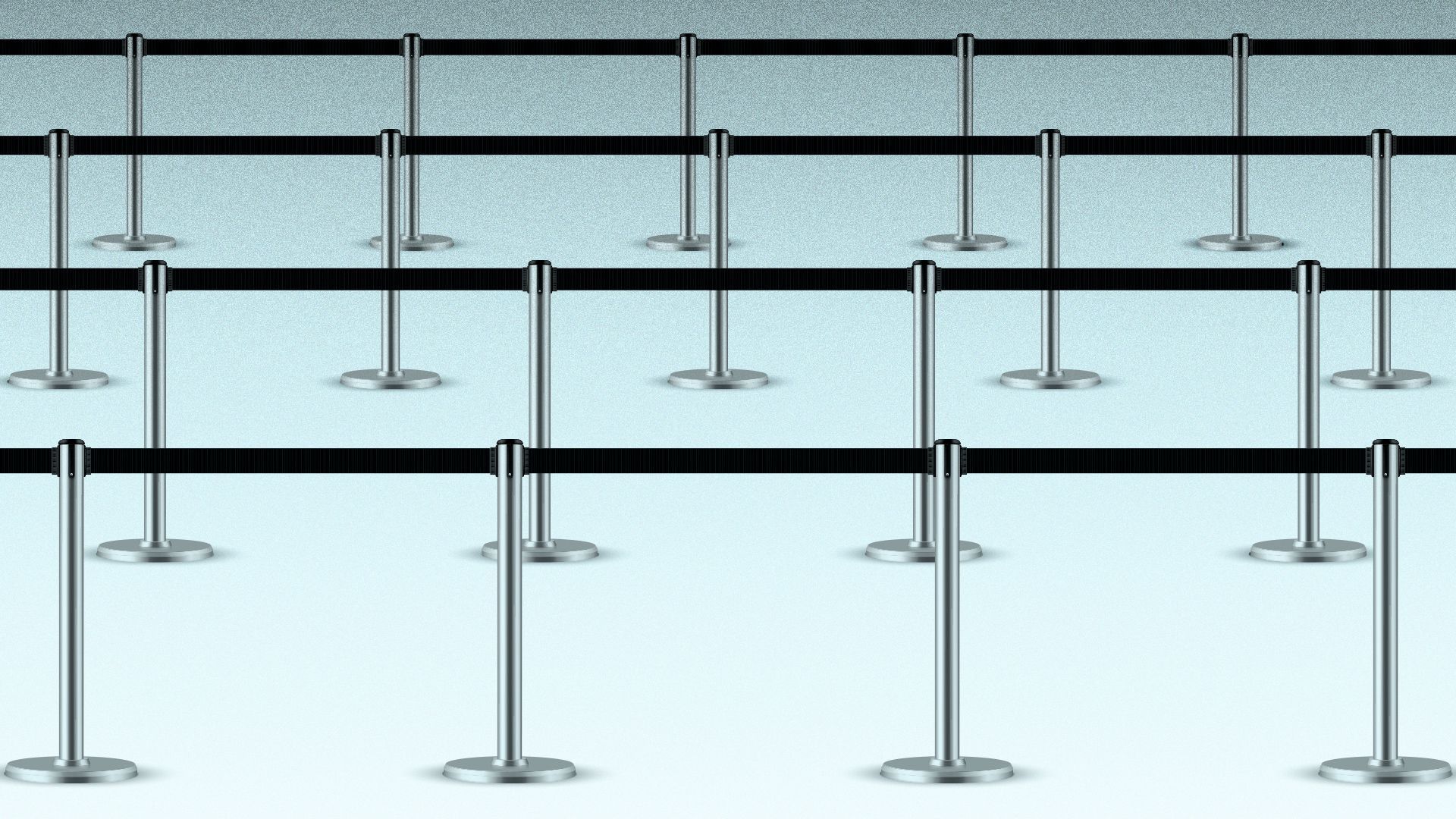 Illustration of a long line of retractable stanchions forming the area for a very long queue.