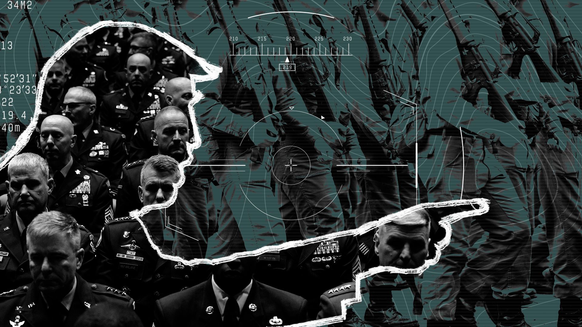 Photo illustration of an outline of President Trump pointing over a background of soldiers. A photograph of American generals is cut out in the shape of President Trump. 