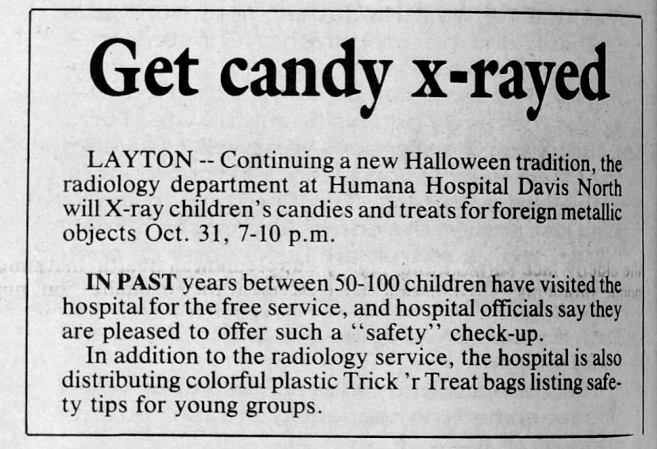 A 1985 news article promotes hospital X-rays of Halloween candy 