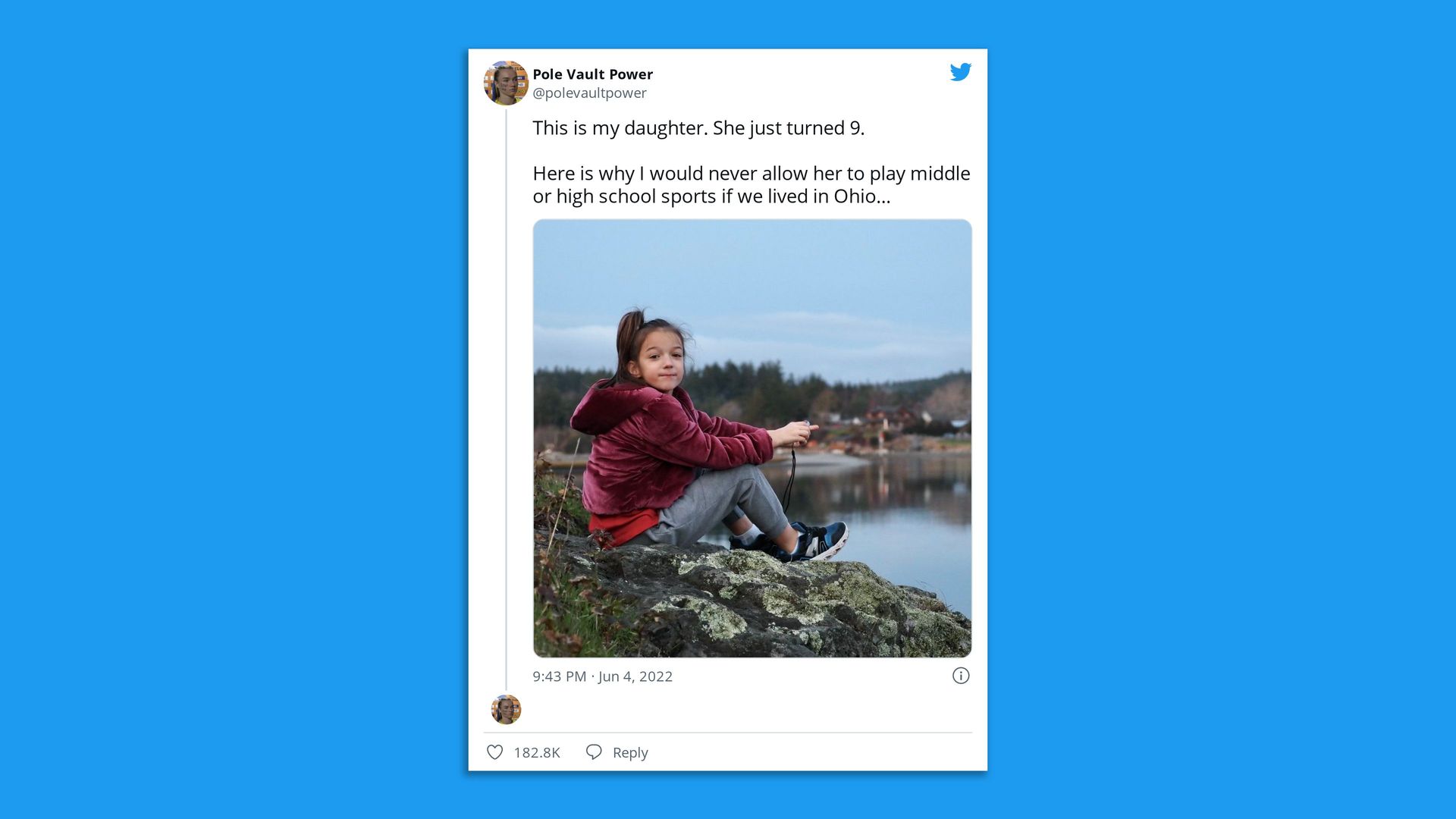 A Twitter photo of a young girl reading, "This is my daughter. She just turned 9.   Here is why I would never allow her to play middle or high school sports if we lived in Ohio"