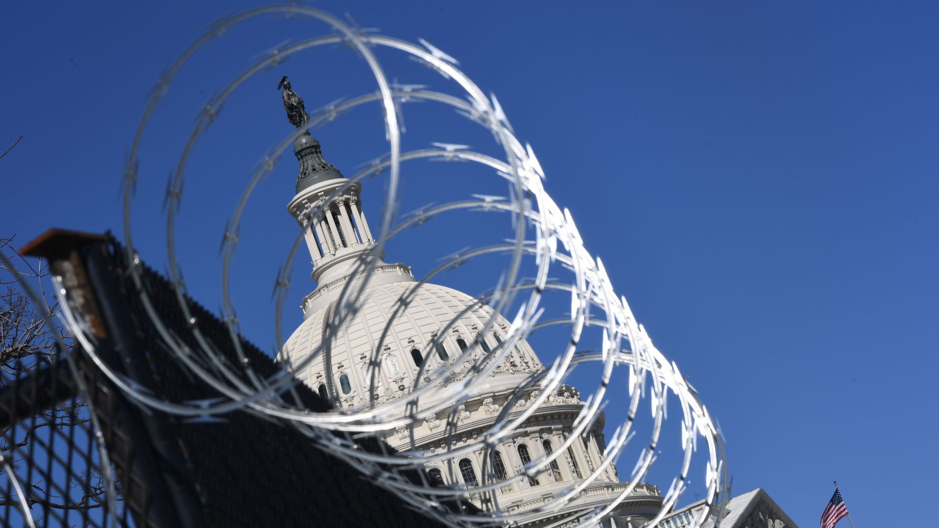 Razor wire is seen on fencing near the US Capitol Building on Capitol Hill March 3, 2021