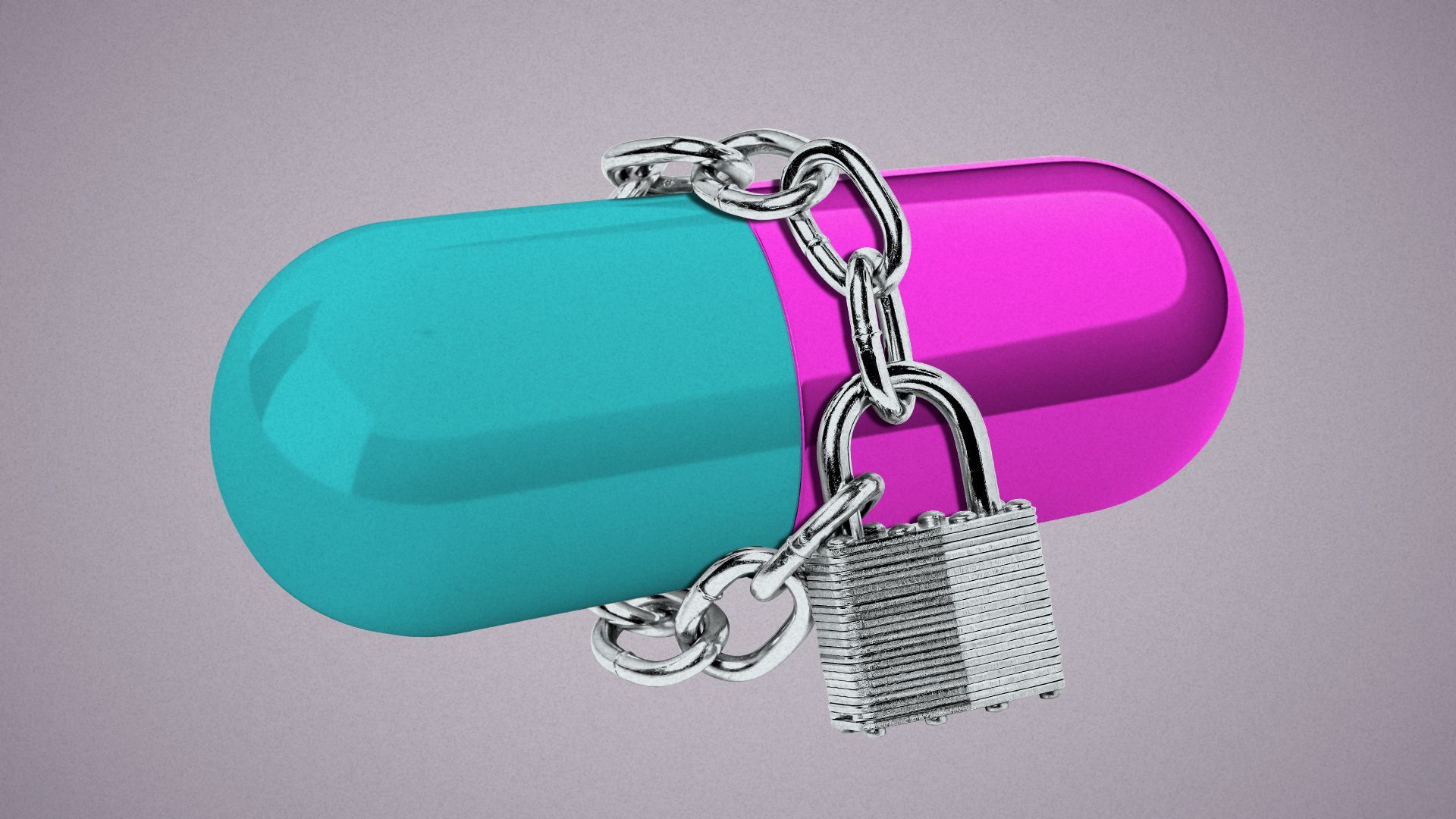 Illustration of a chain and padlock enclosing a pill capsule.