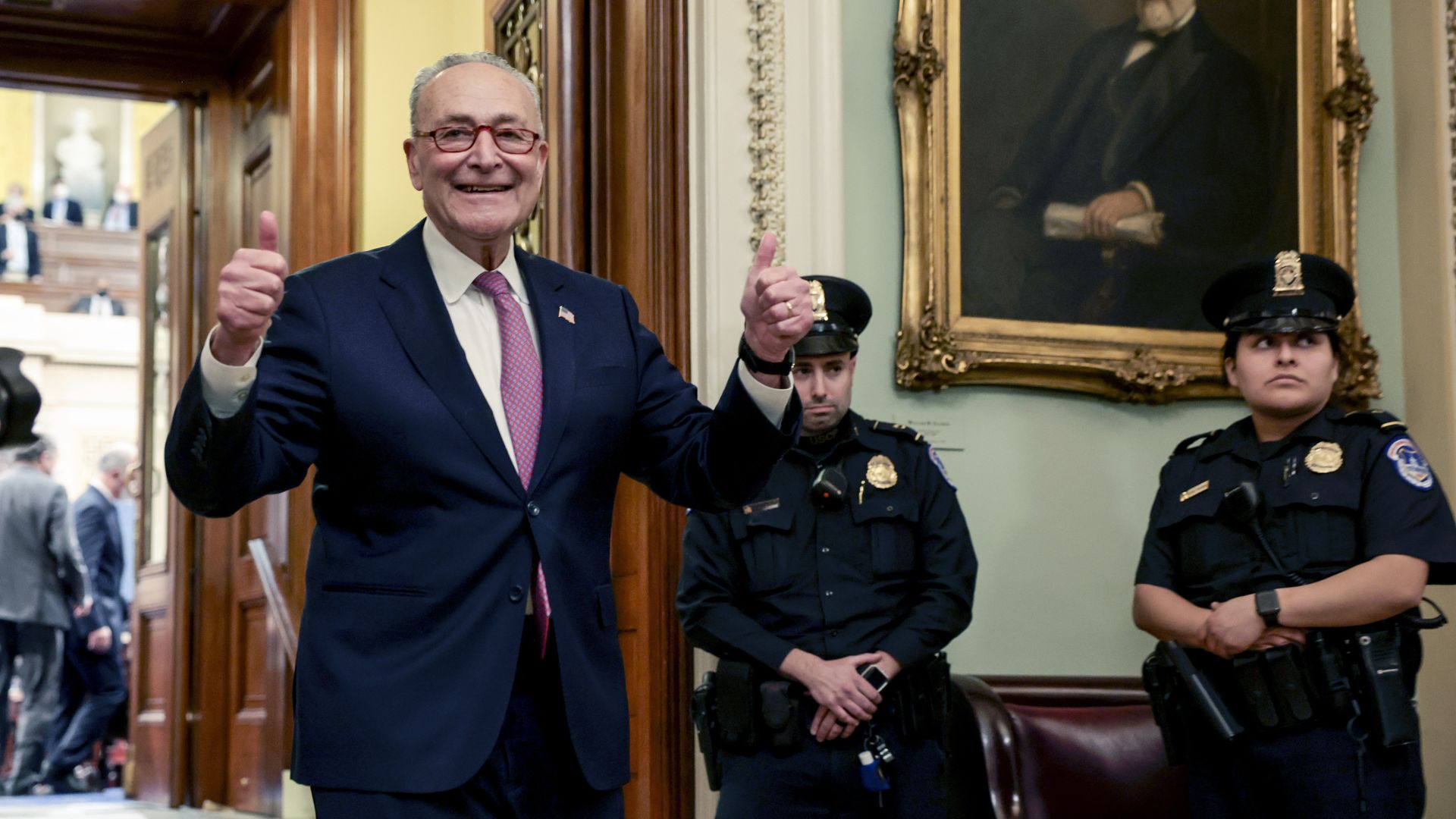 Senate Majority Leader Mitch McConnell is seen signaling "success" after Ketanji Brown Jackson was confirmed to the Supreme Court.