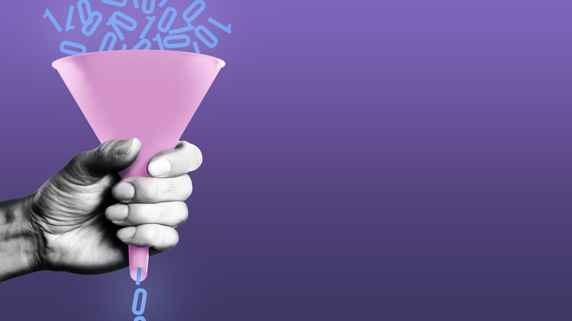 A grayscale hand grips a pink funnel, pouring a stream of blue binary digits (0s and 1s) into a purple gradient background, symbolizing data flow.