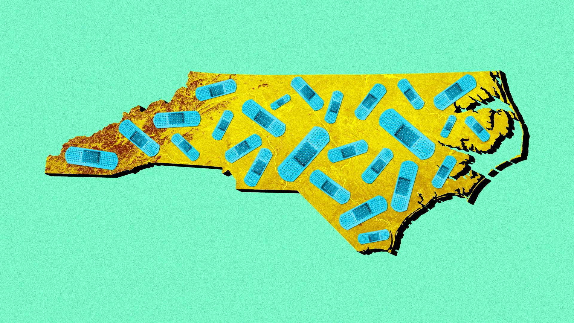 Illustration of the state of North Carolina covered in bandages.