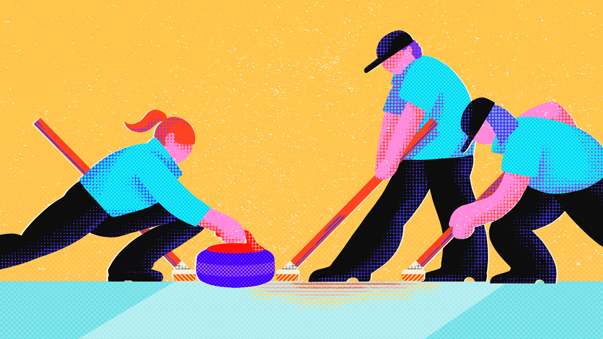 Illustration of one person lunging, about to throw a curling rock, and two other people sweeping the ice. 