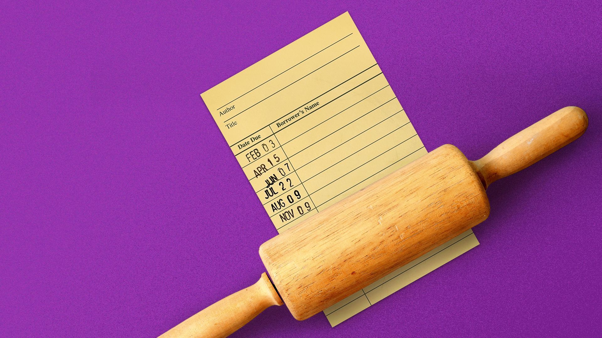 Illustration of a rolling pin rolling on top of a library due date card.
