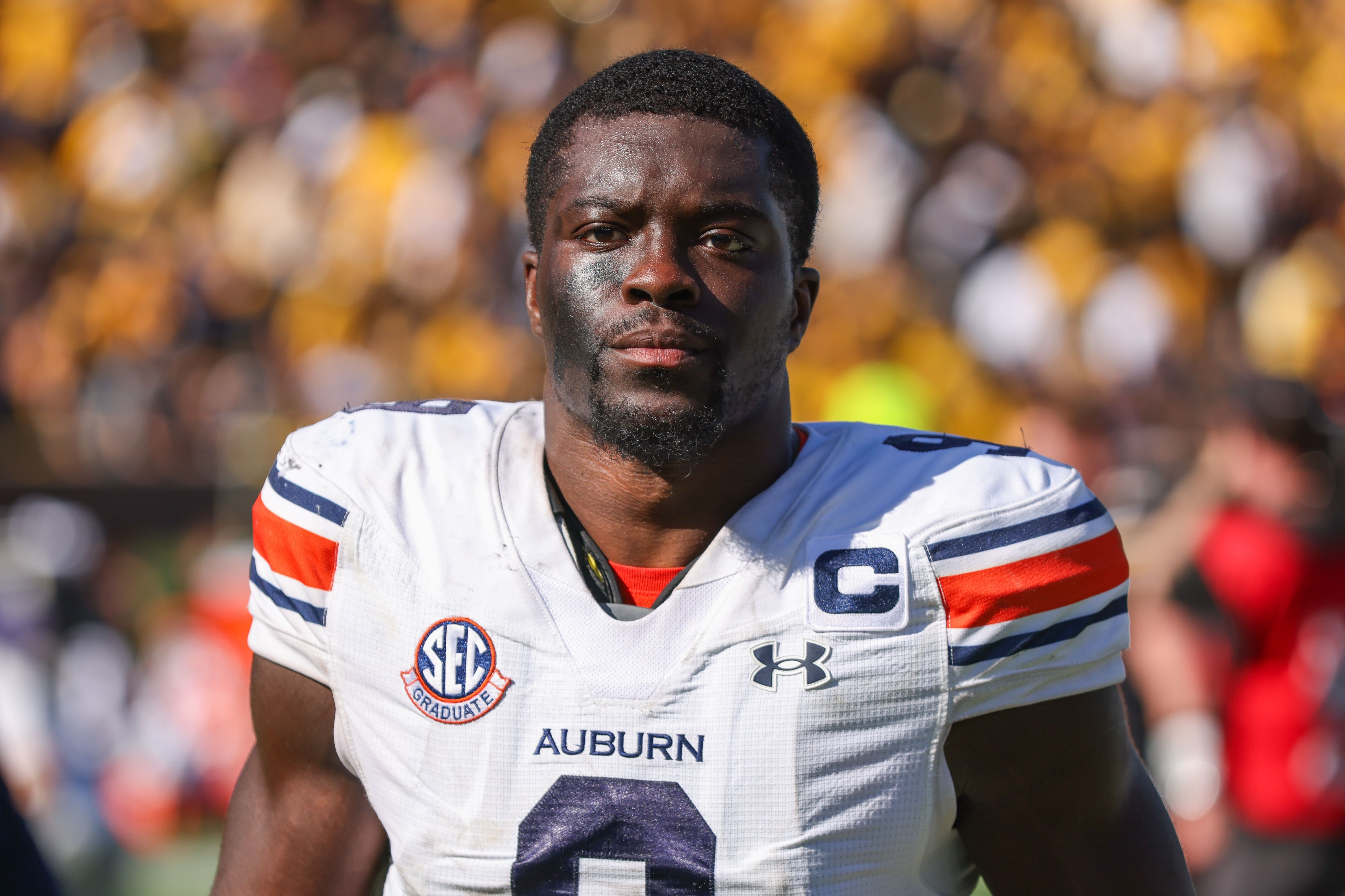Auburn Tigers linebacker Eugene Asante (9) after an SEC game between the Auburn Tigers and Missouri Tigers on October 19, 2024 at Memorial Stadium in Columbia, MO. (Photo by Scott Winters/Icon Sportswire via Getty Images)