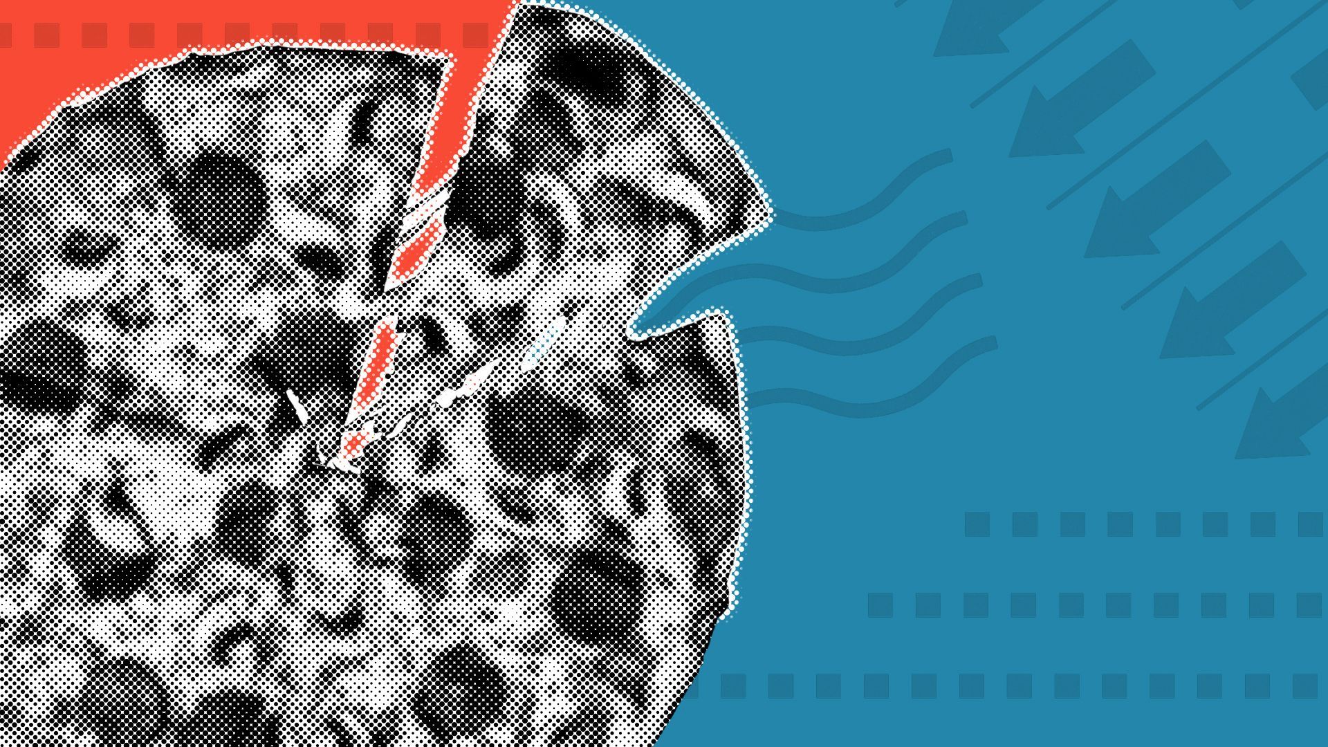 Illustration of a pizza with abstract ballot elements in the background.