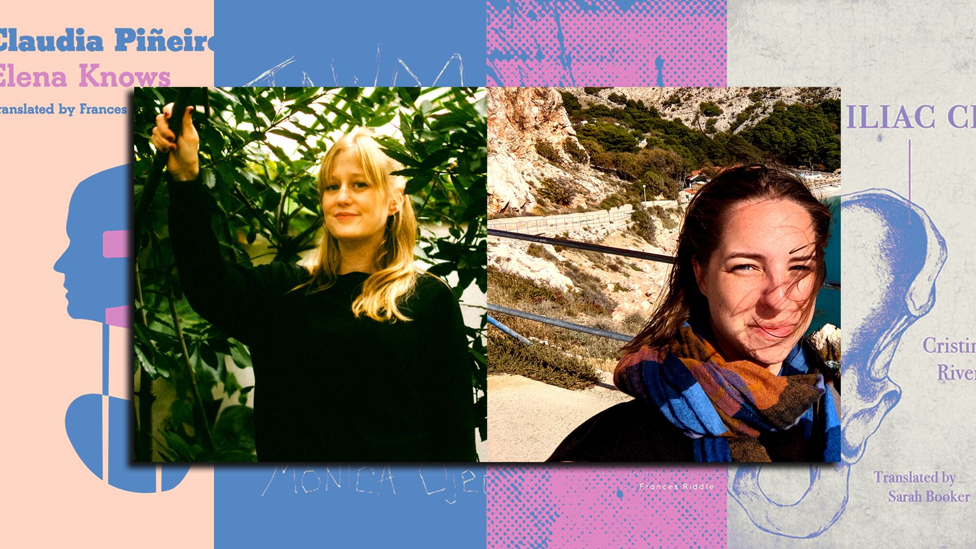 Photos of translators Frances Riddle and Sarah K Booker are shown in front of several book covers that are partially obscured