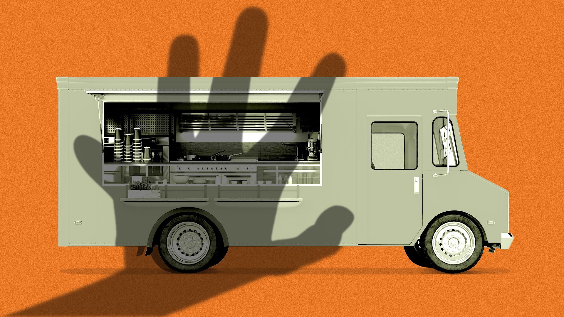 Illustration of a food truck with the shadow of a hand falling over it.