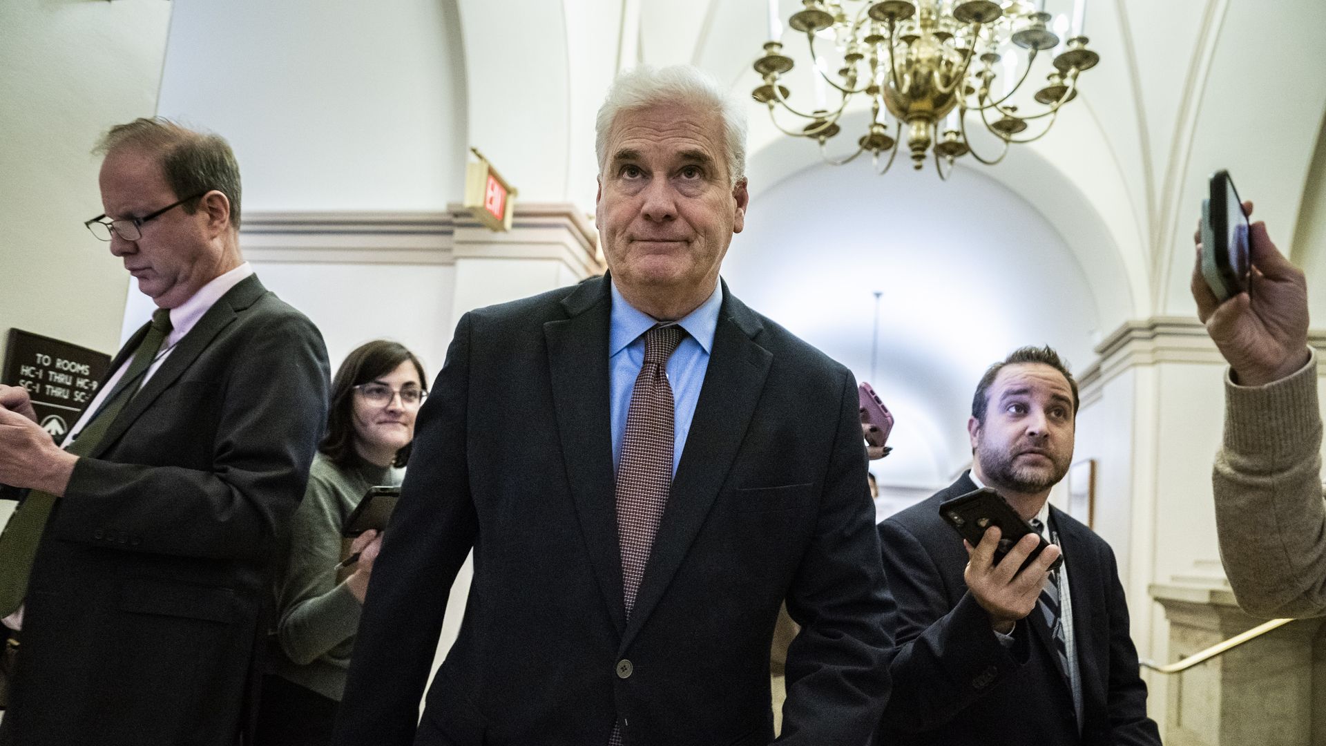 Tom Emmer, R-Minn., departs a House Republican Conference meeting 