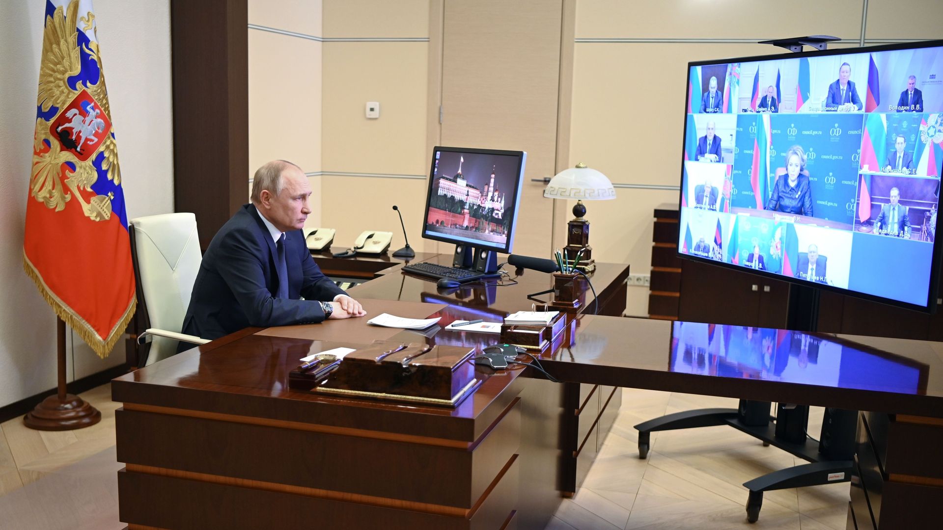 Vladimir Putin chairs a Security Council meeting yesterday at his Novo-Ogaryovo residence outside Moscow.